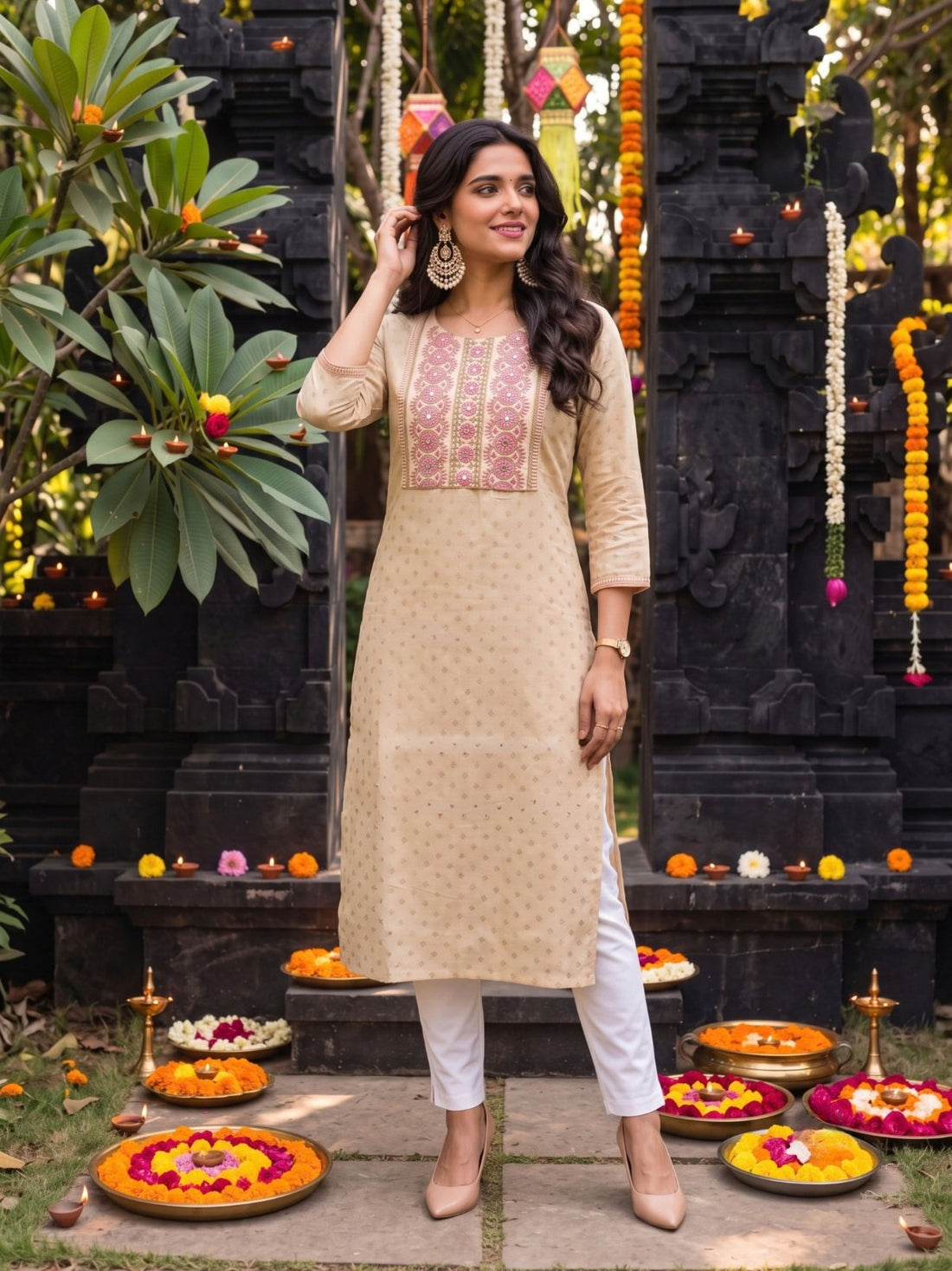 Buy Cotton Embroidered Straight Calf Length Kurta-Beige