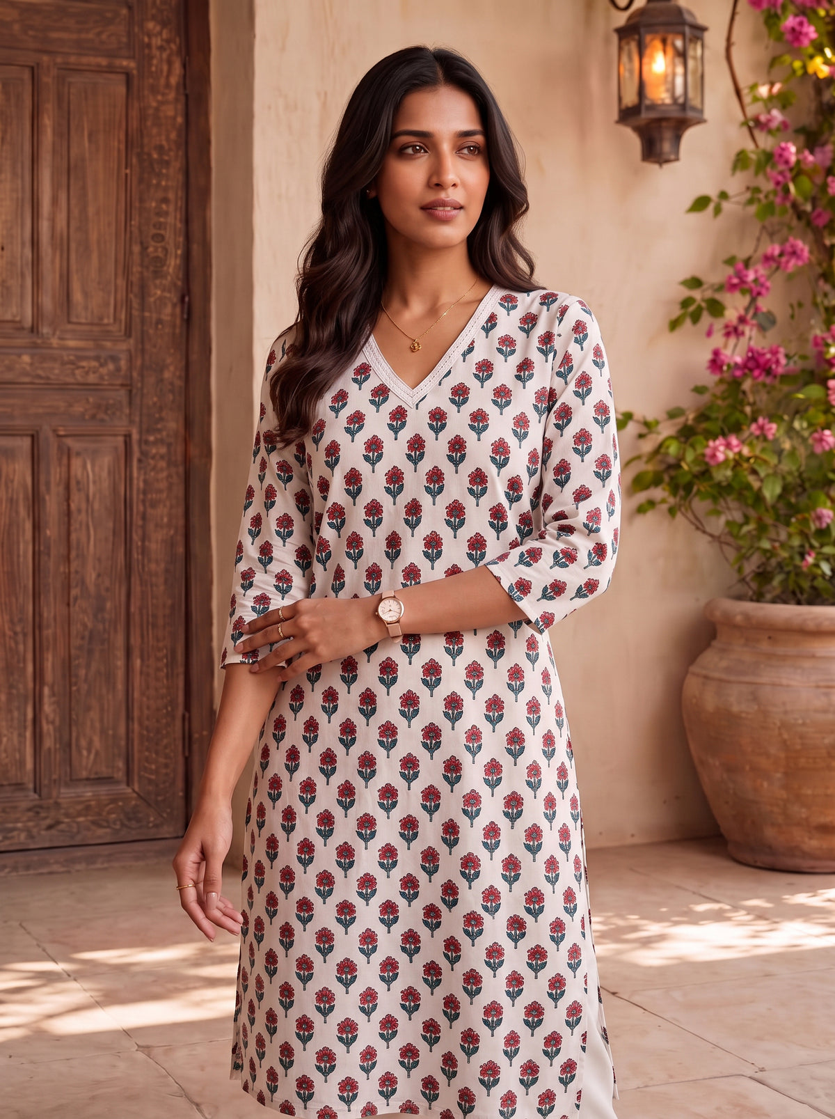 Buy Cotton Printed Straight Knee Length Kurta-Off White