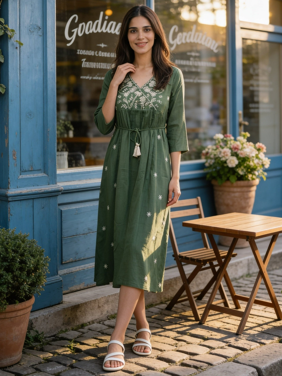 Buy Cotton Embroidered Flared Calf Length Dress-Green