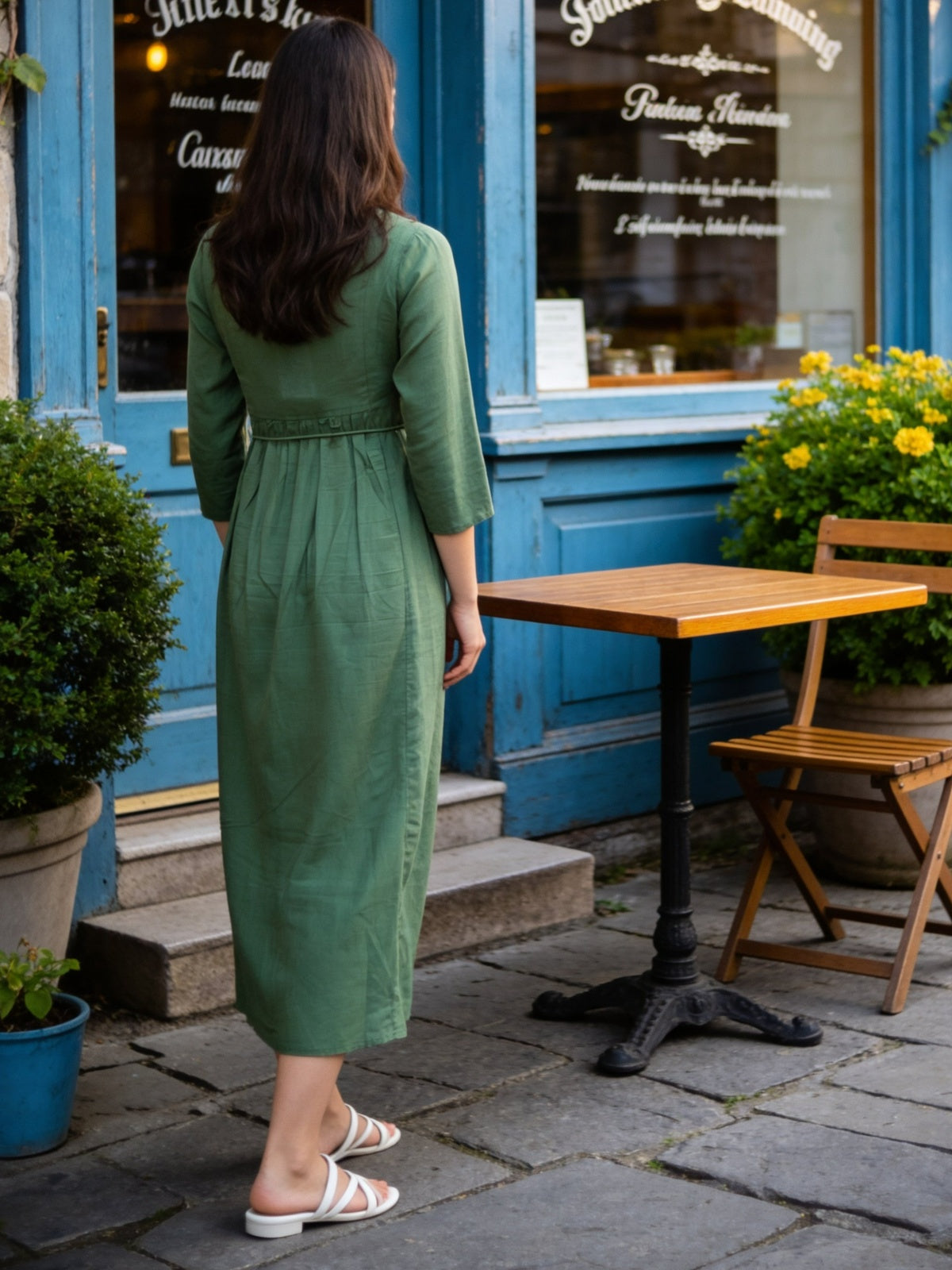 Buy Cotton Embroidered Flared Calf Length Dress-Green