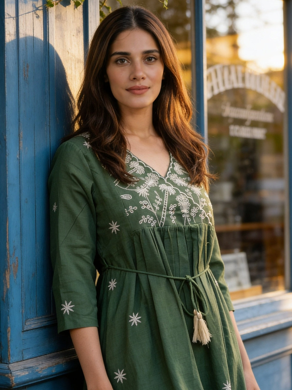 Cotton Embroidered Flared Calf Length Dress