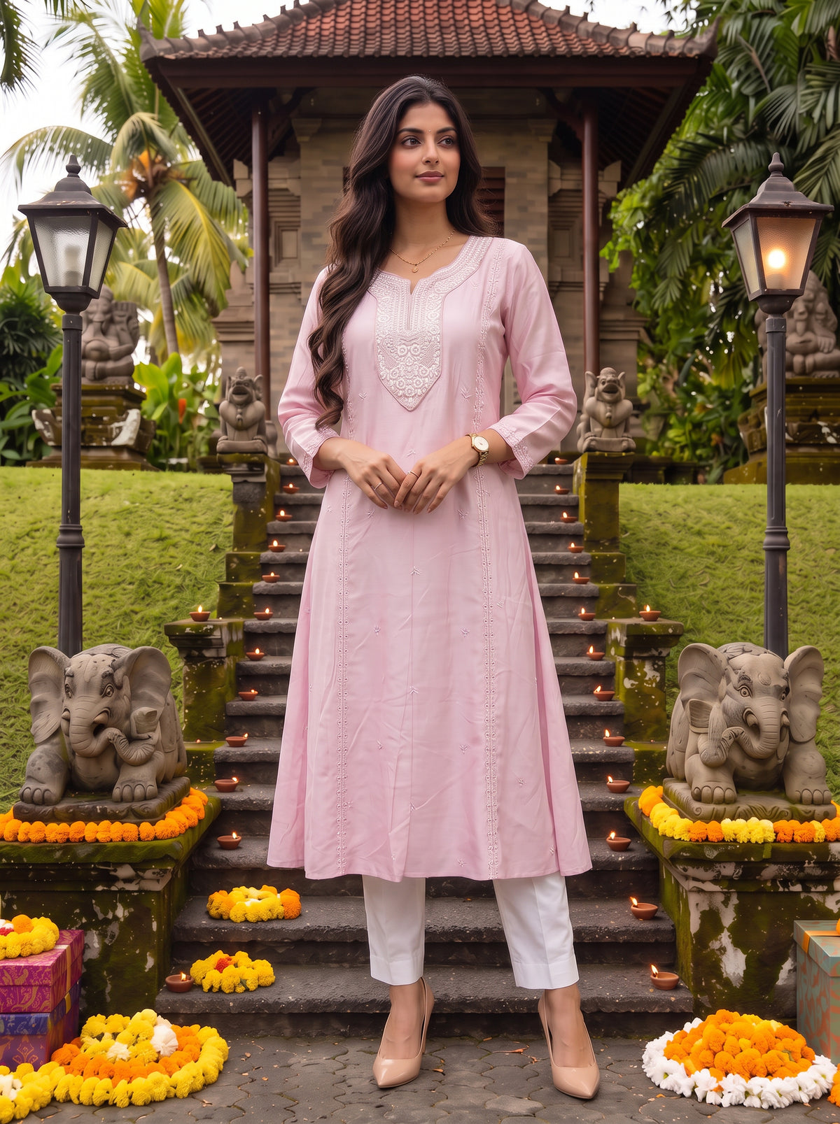 Viscose Embroidered Flared Calf Length Kurta