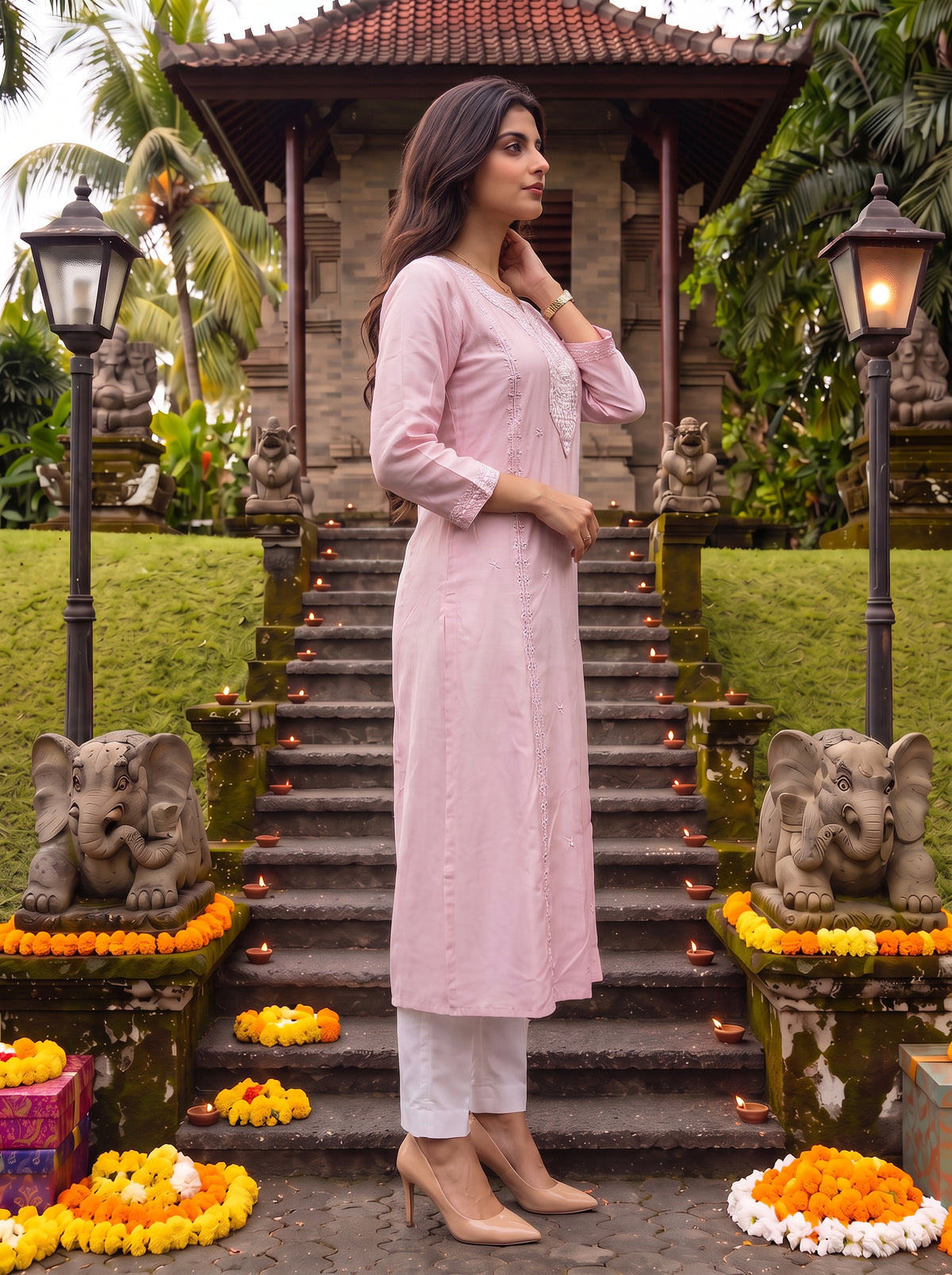 Buy Viscose Embroidered Flared Calf Length Kurta-Pink