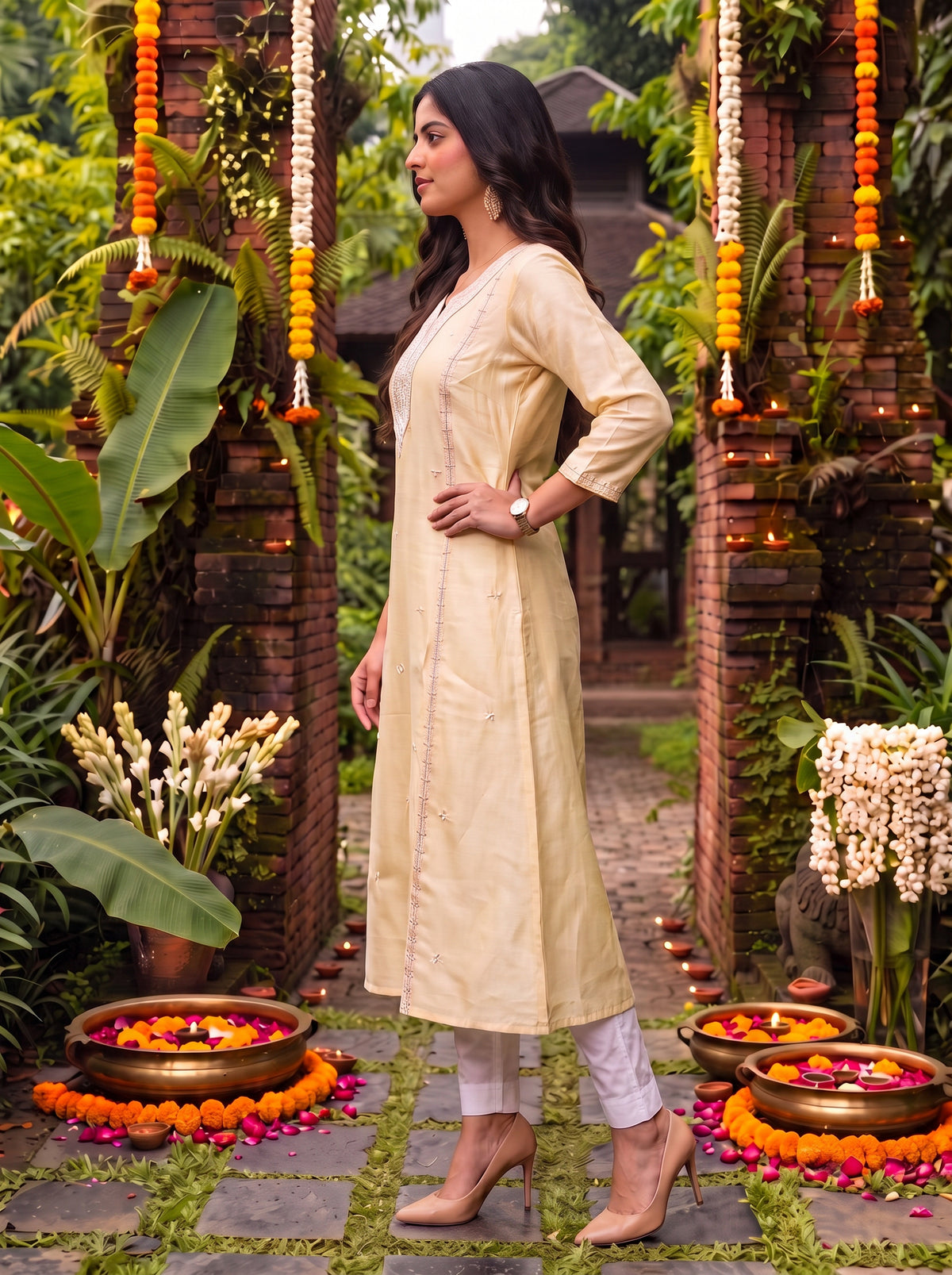 Buy Viscose Embroidered Flared Calf Length Kurta-Yellow