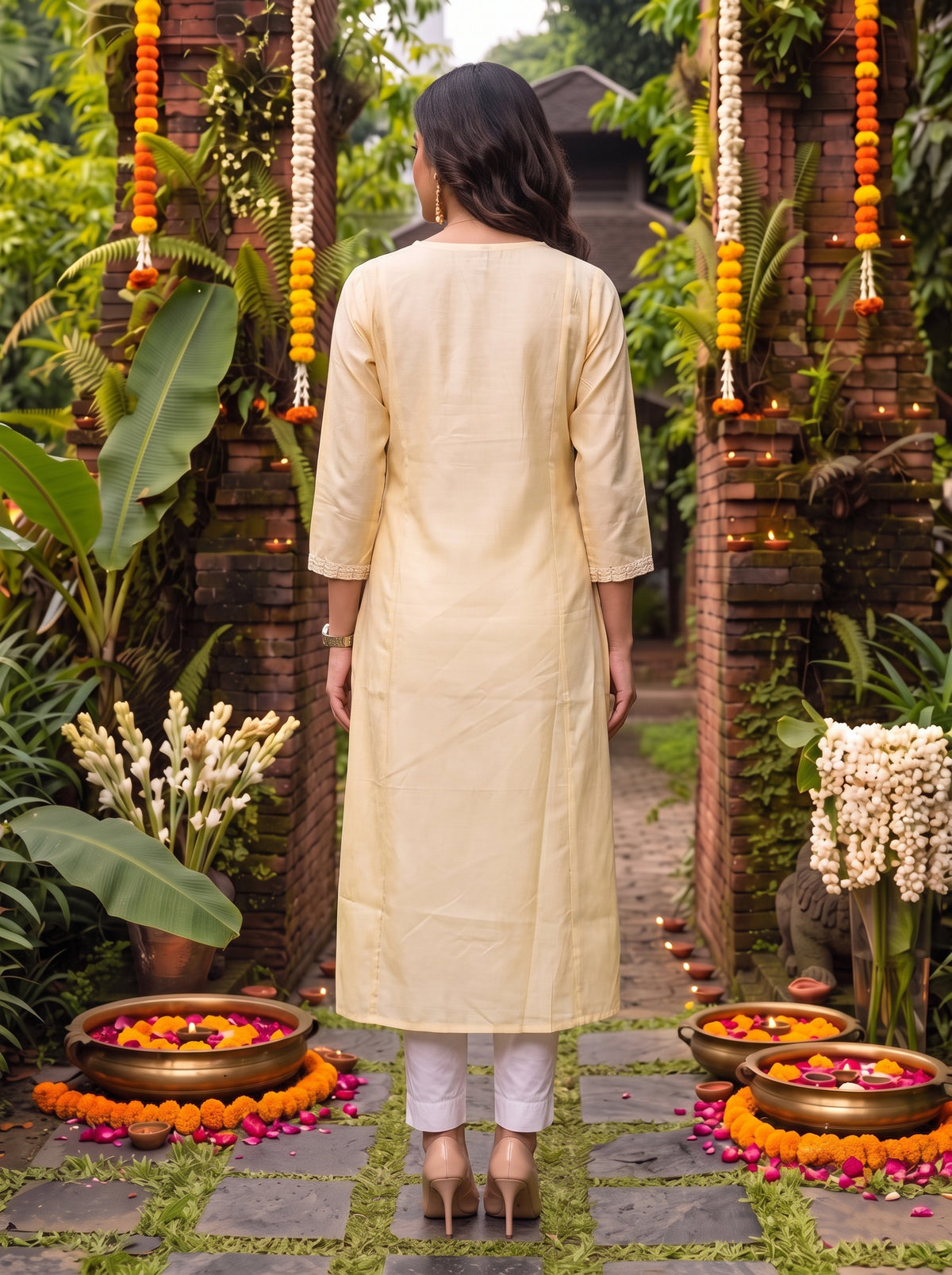 Buy Viscose Embroidered Flared Calf Length Kurta-Yellow