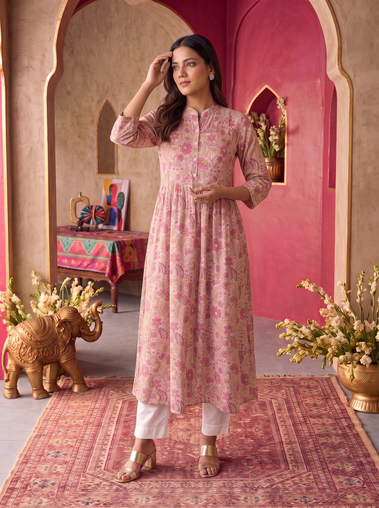 Buy Rayon Printed Flared Calf Length Kurta-Pink