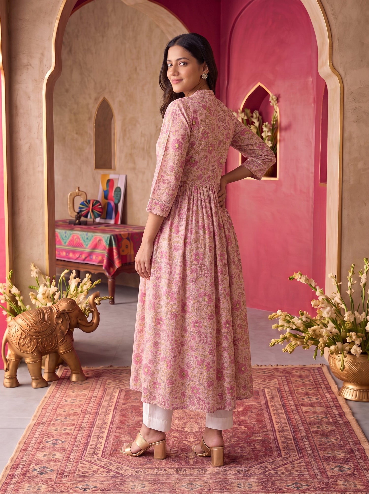 Buy Rayon Printed Flared Calf Length Kurta-Pink