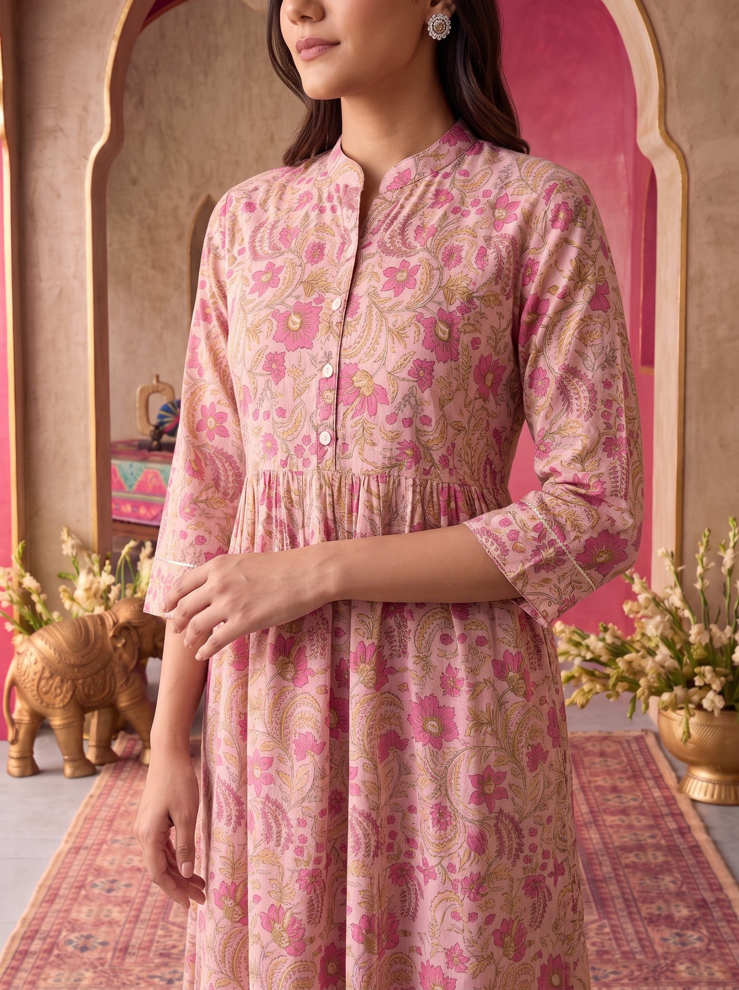 Buy Rayon Printed Flared Calf Length Kurta-Pink