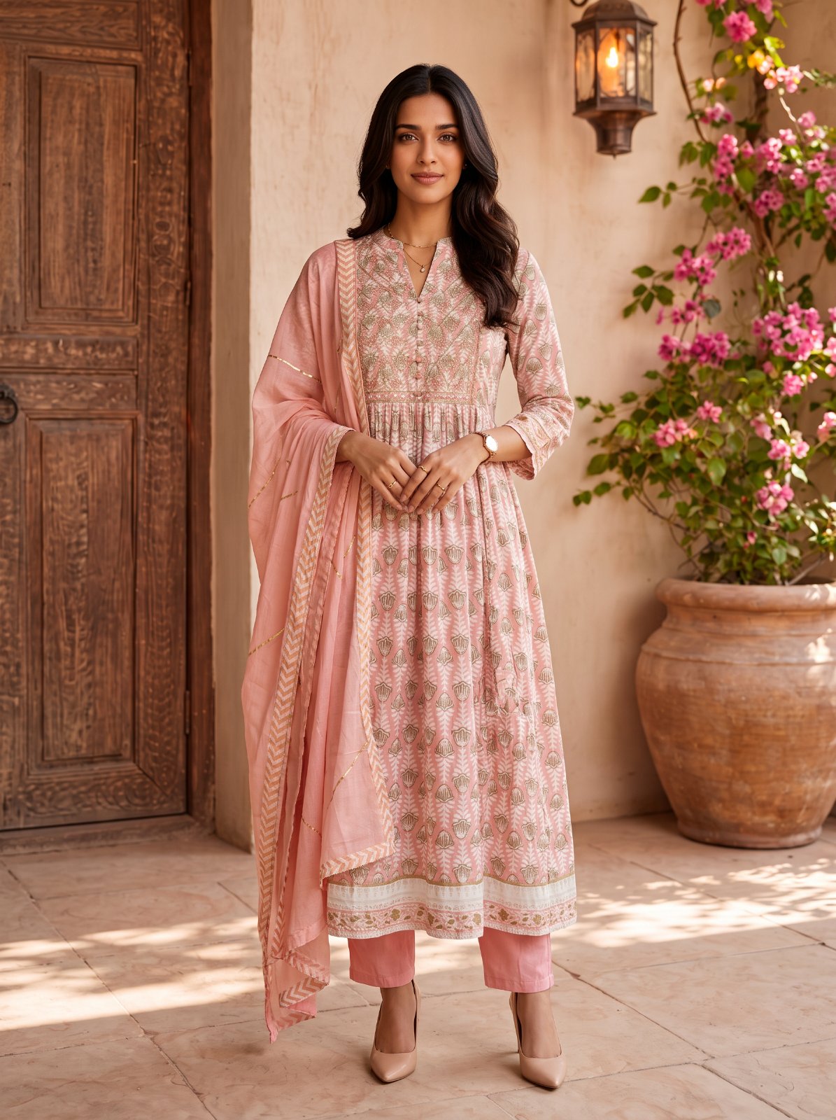 Cotton Embroidered Flared Calf Length Kurta With Pant and Dupatta