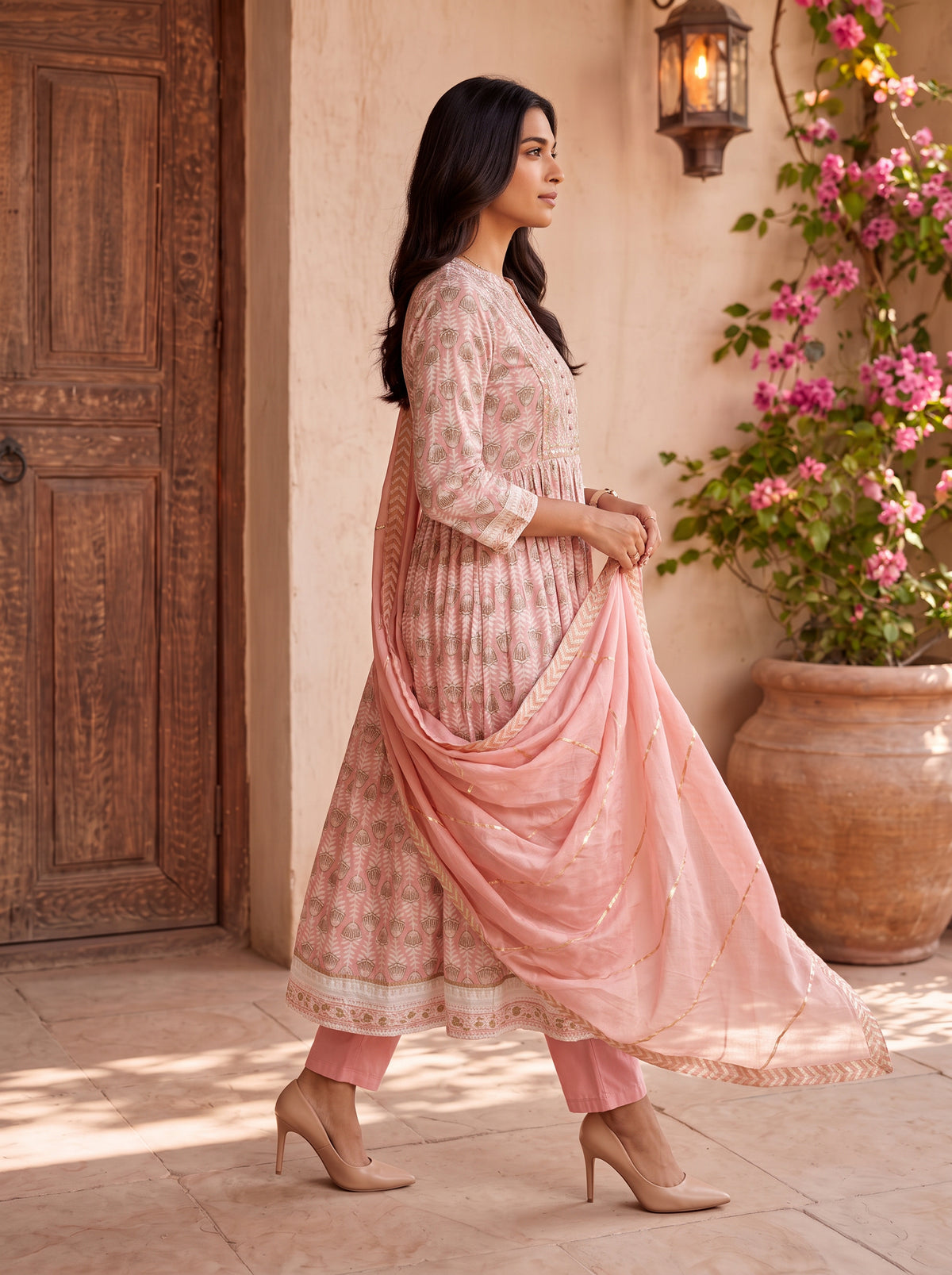 Cotton Embroidered Flared Calf Length Kurta With Pant and Dupatta