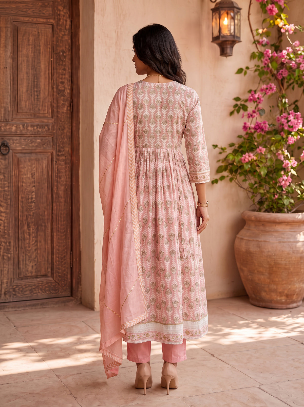 Buy Cotton Embroidered Flared Calf Length Kurta With Pant and Dupatta-Pink