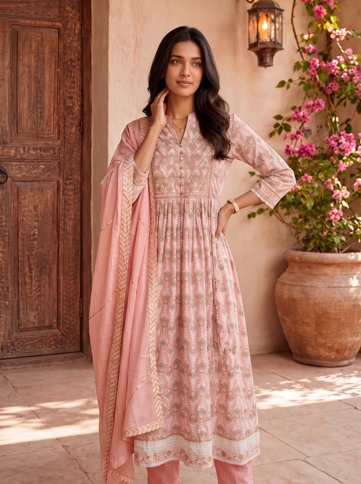 Cotton Embroidered Flared Calf Length Kurta With Pant and Dupatta