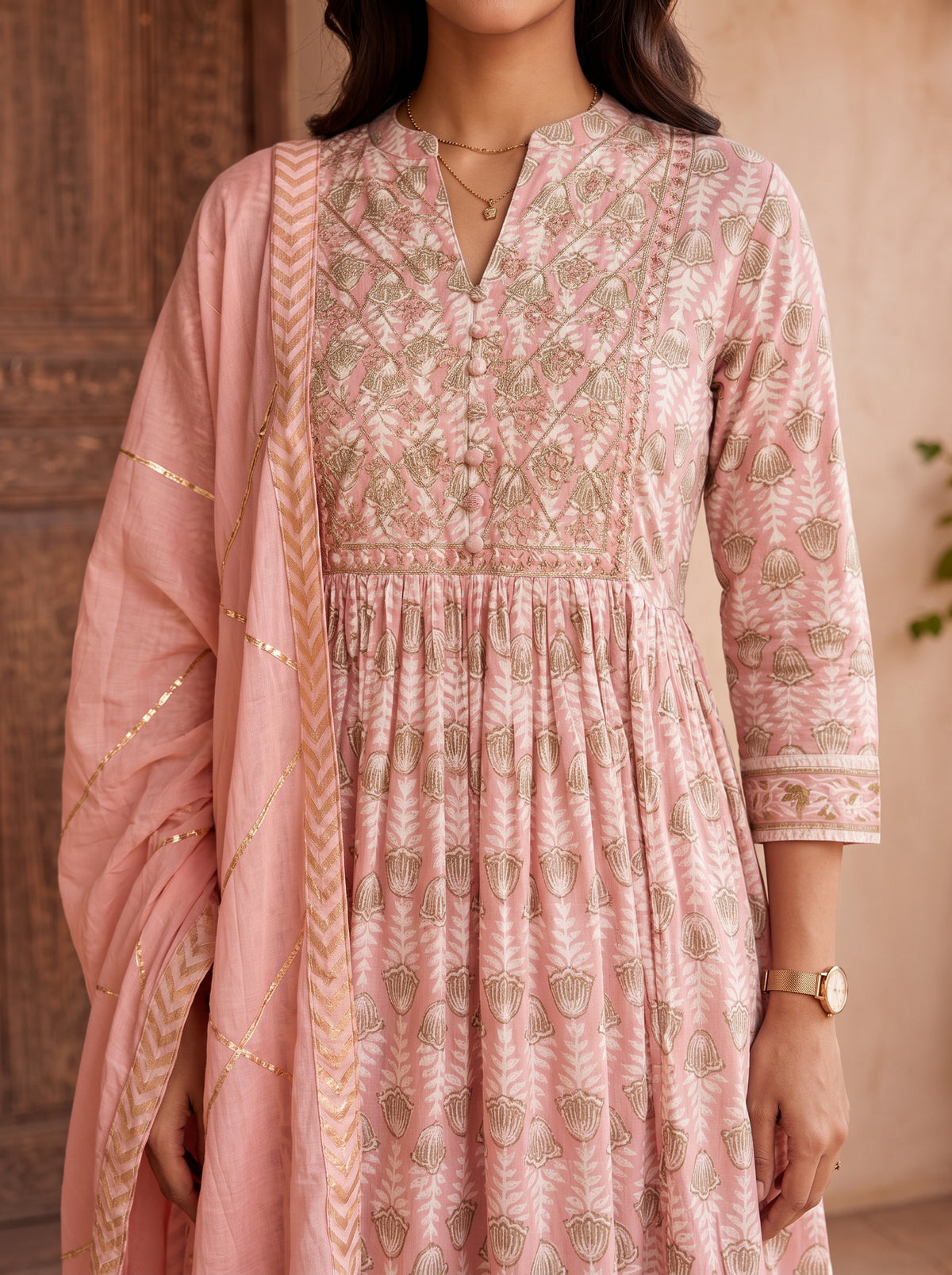 Cotton Embroidered Flared Calf Length Kurta With Pant and Dupatta