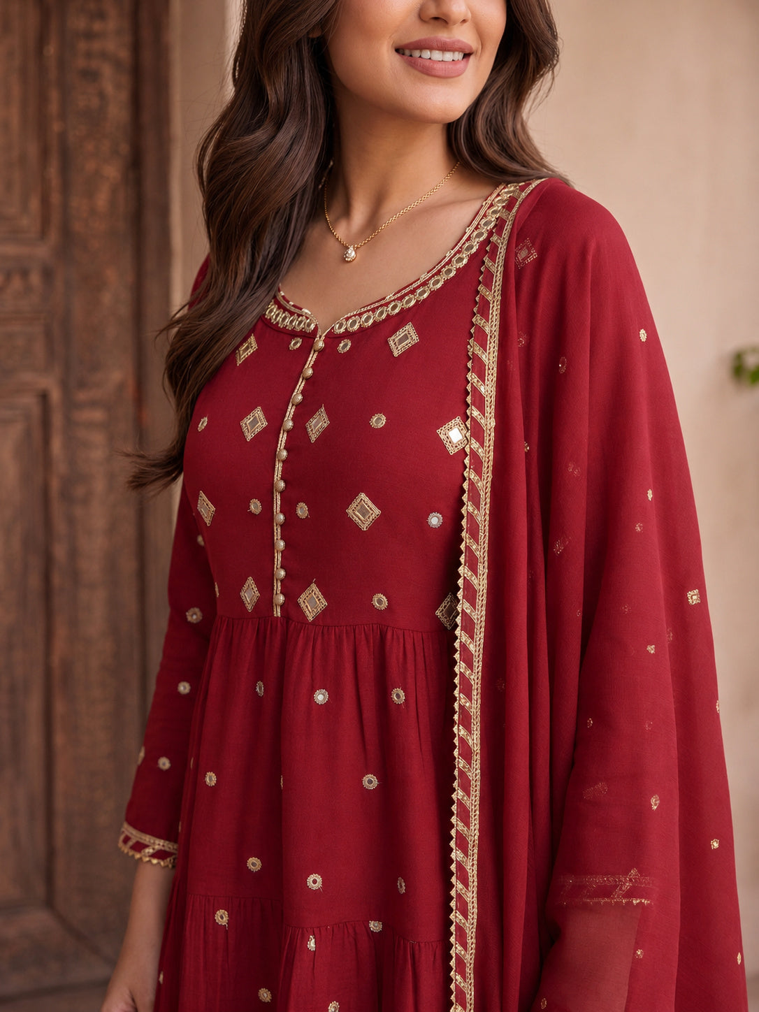 Rayon Embroidered Flared Calf Length Kurta With Pant and Dupatta