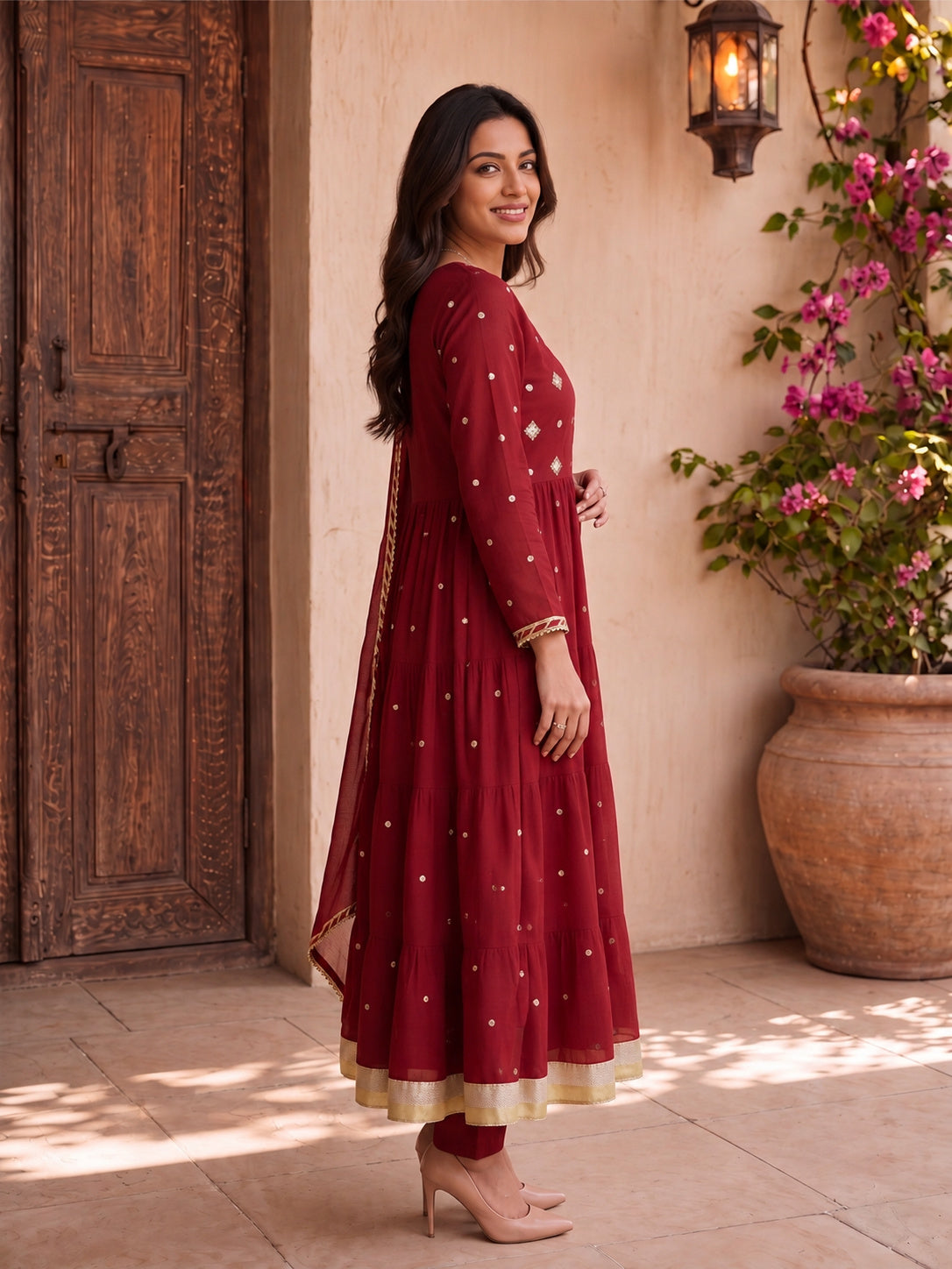 Rayon Embroidered Flared Calf Length Kurta With Pant and Dupatta