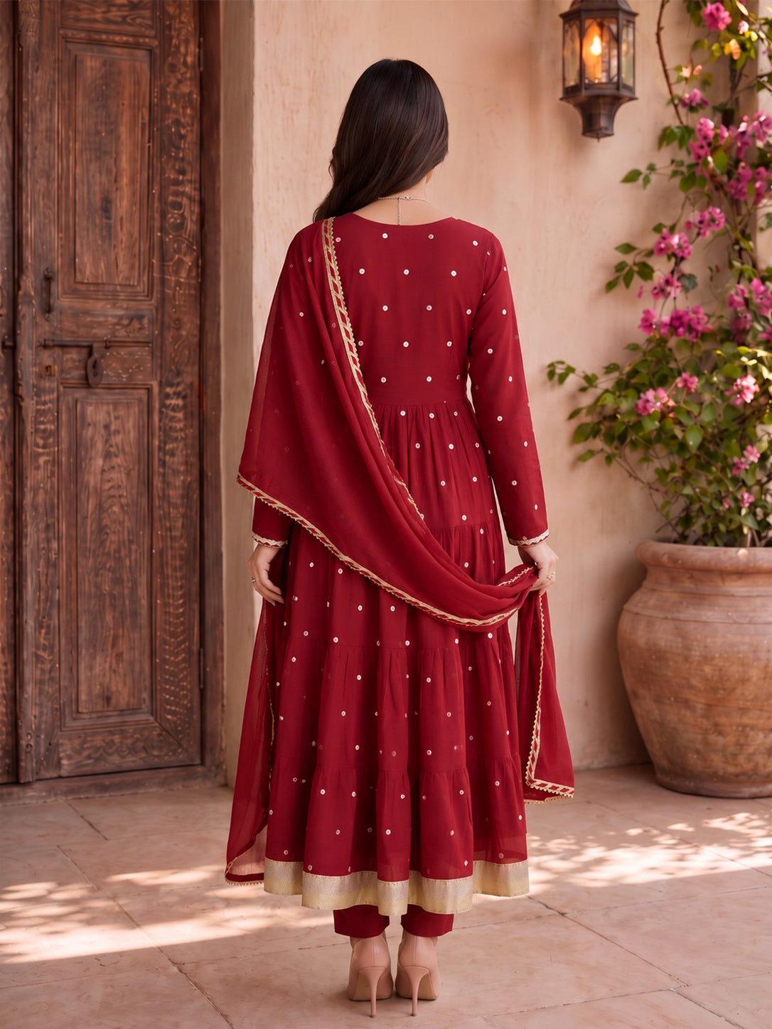 Buy Rayon Embroidered Flared Calf Length Kurta With Pant and Dupatta-Maroon