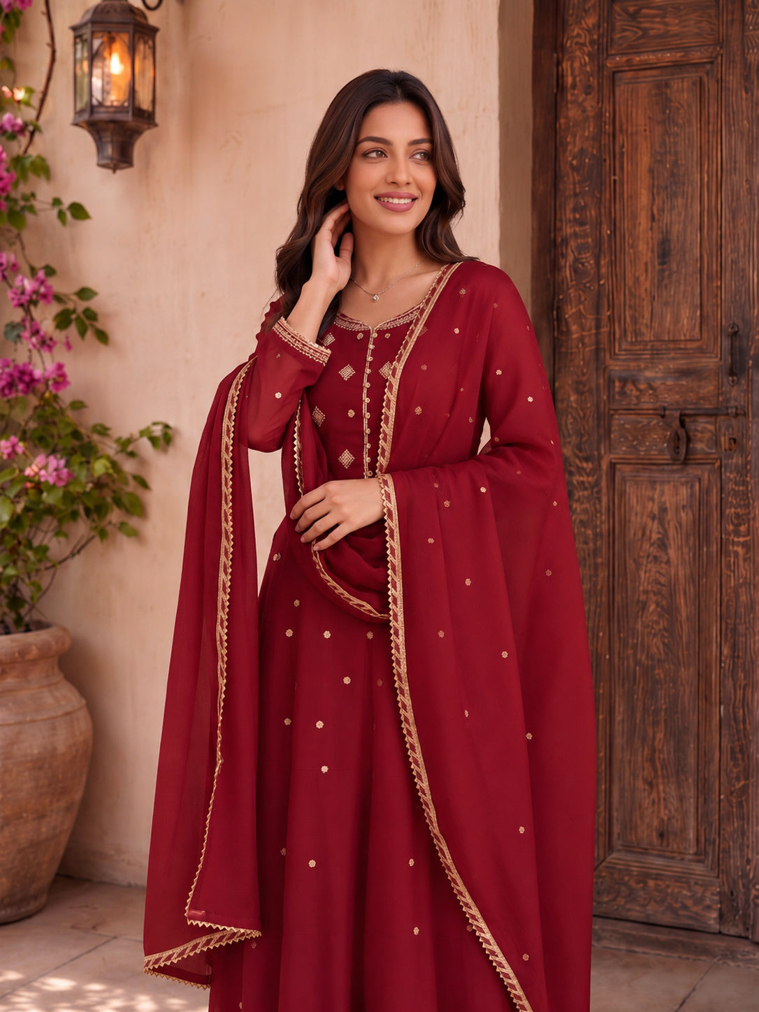 Rayon Embroidered Flared Calf Length Kurta With Pant and Dupatta