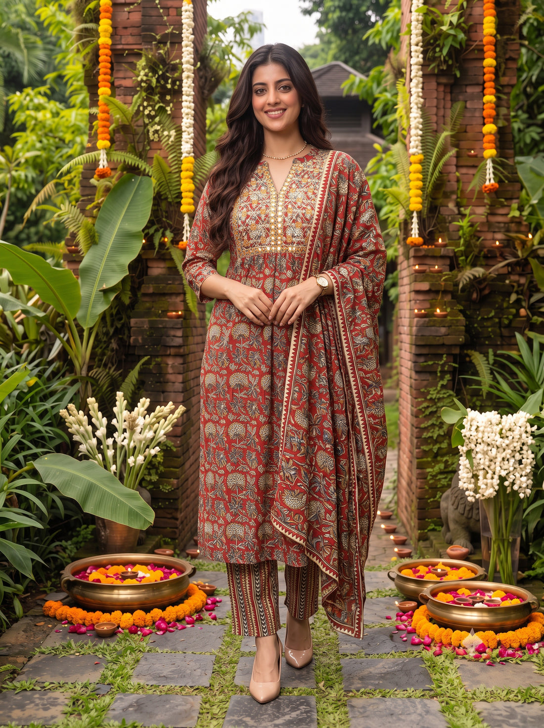 Buy Cotton Embroidered Flared Calf Length Kurta With Pant and Dupatta-Rust