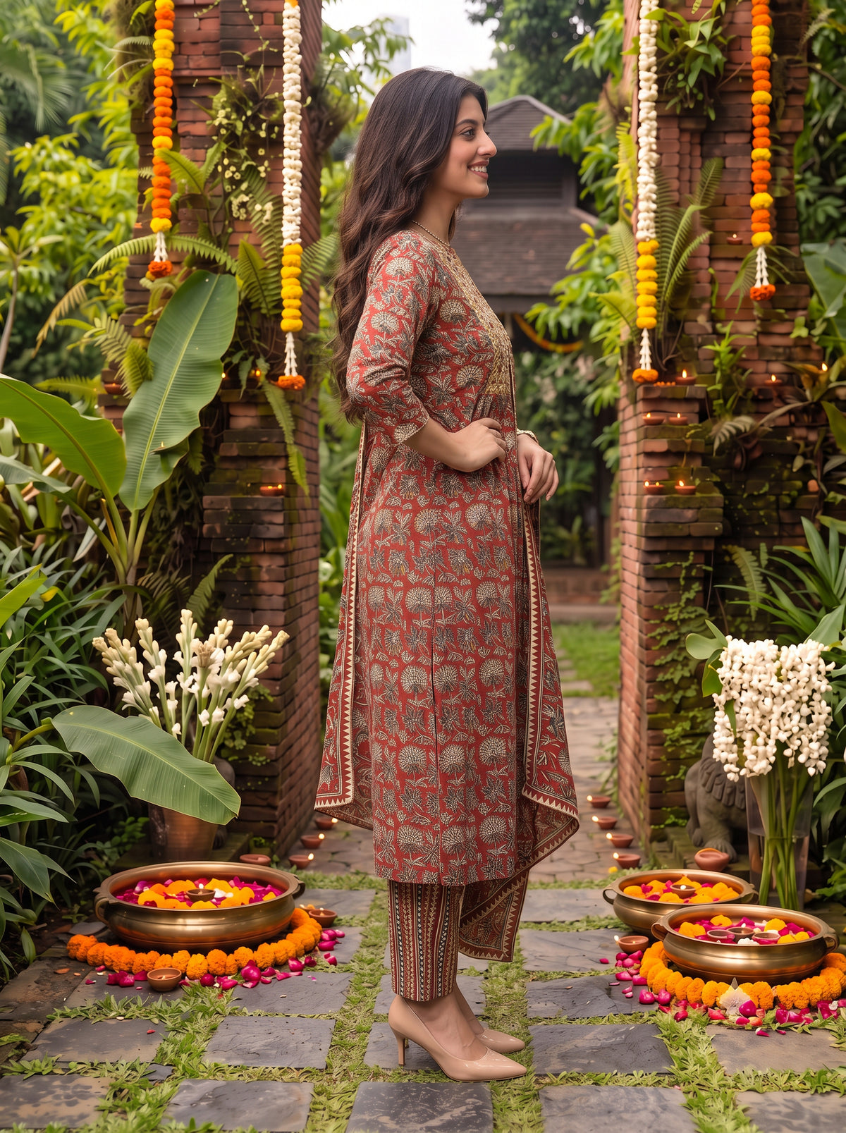 Buy Cotton Embroidered Flared Calf Length Kurta With Pant and Dupatta-Rust