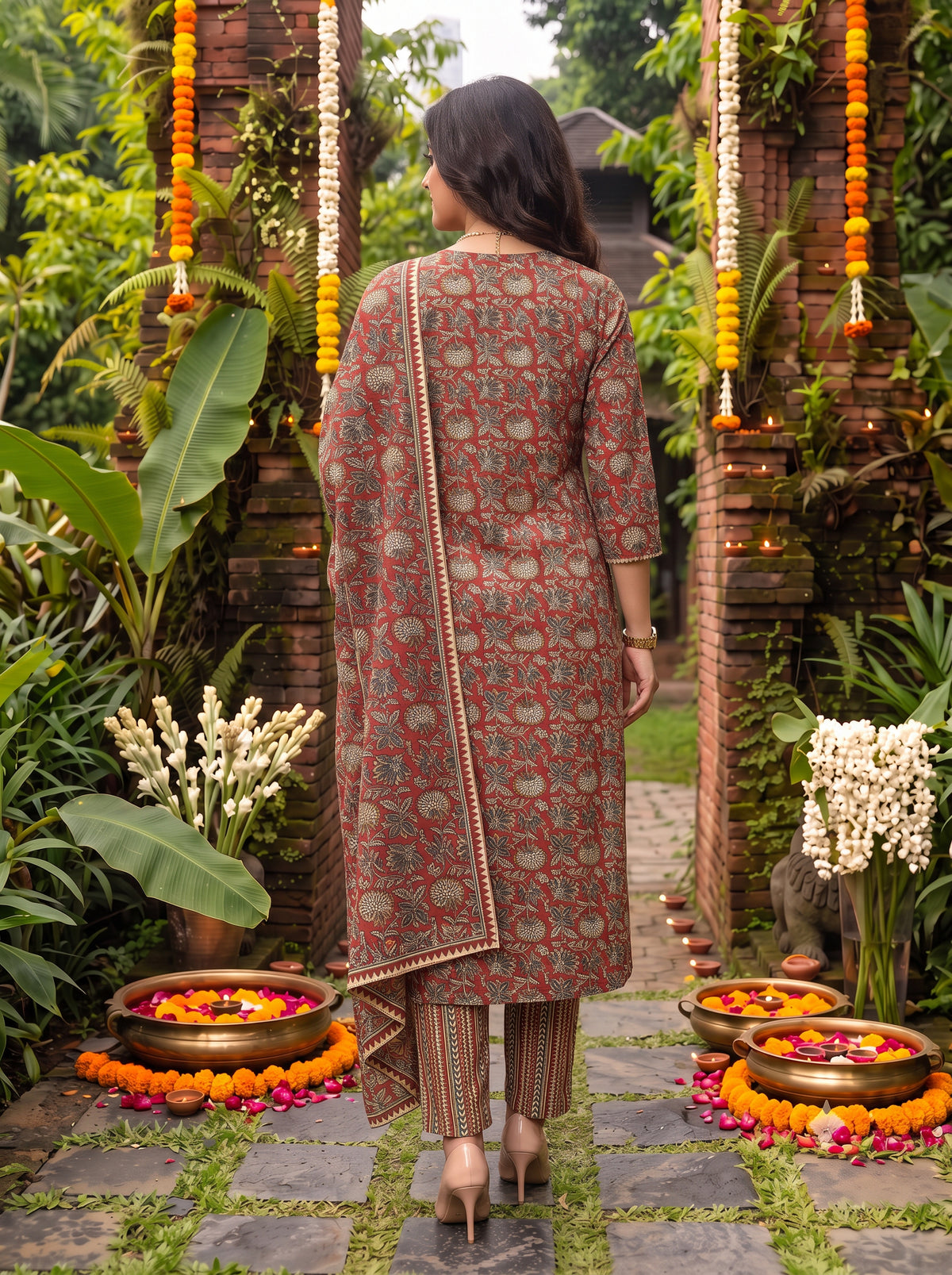 Buy Cotton Embroidered Flared Calf Length Kurta With Pant and Dupatta-Rust