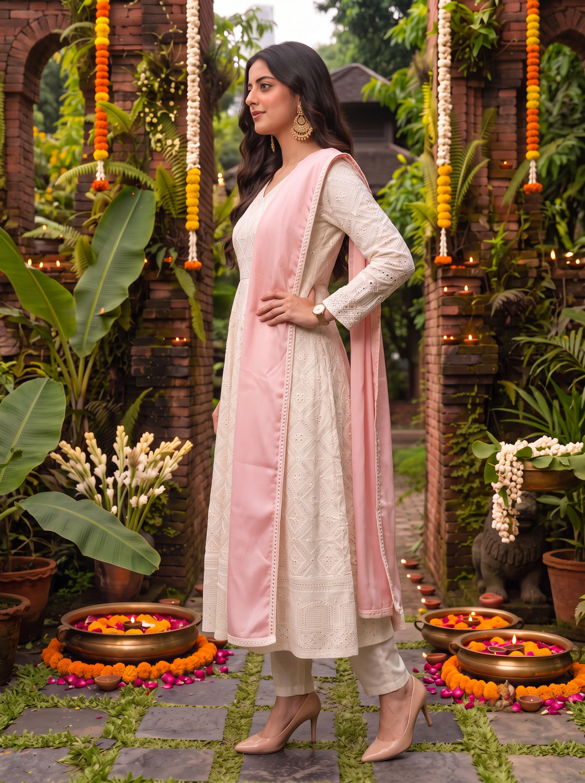 Rayon Embroidered Flared Calf Length Kurta With Pant and Dupatta