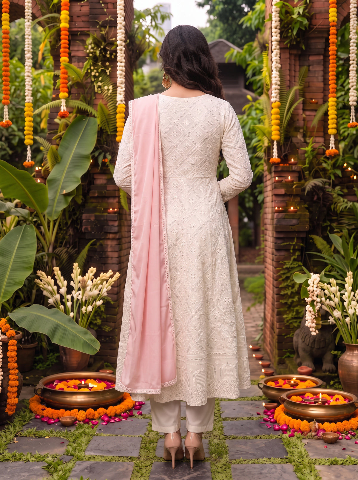 Buy Rayon Embroidered Flared Calf Length Kurta With Pant and Dupatta-Off White