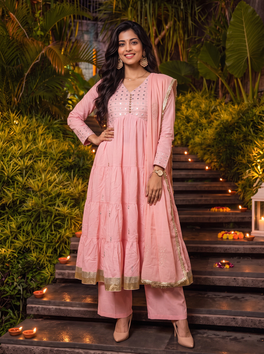Buy Cotton Embroidered Flared Calf Length Kurta With Pant and Dupatta-Pink