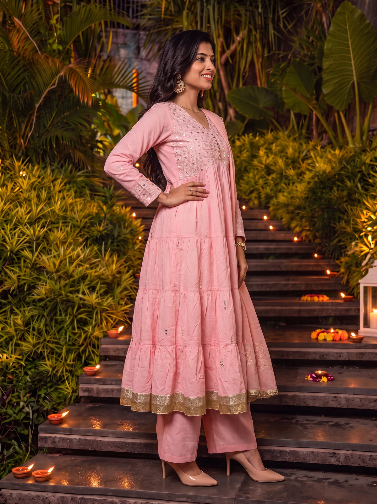 Cotton Embroidered Flared Calf Length Kurta With Pant and Dupatta