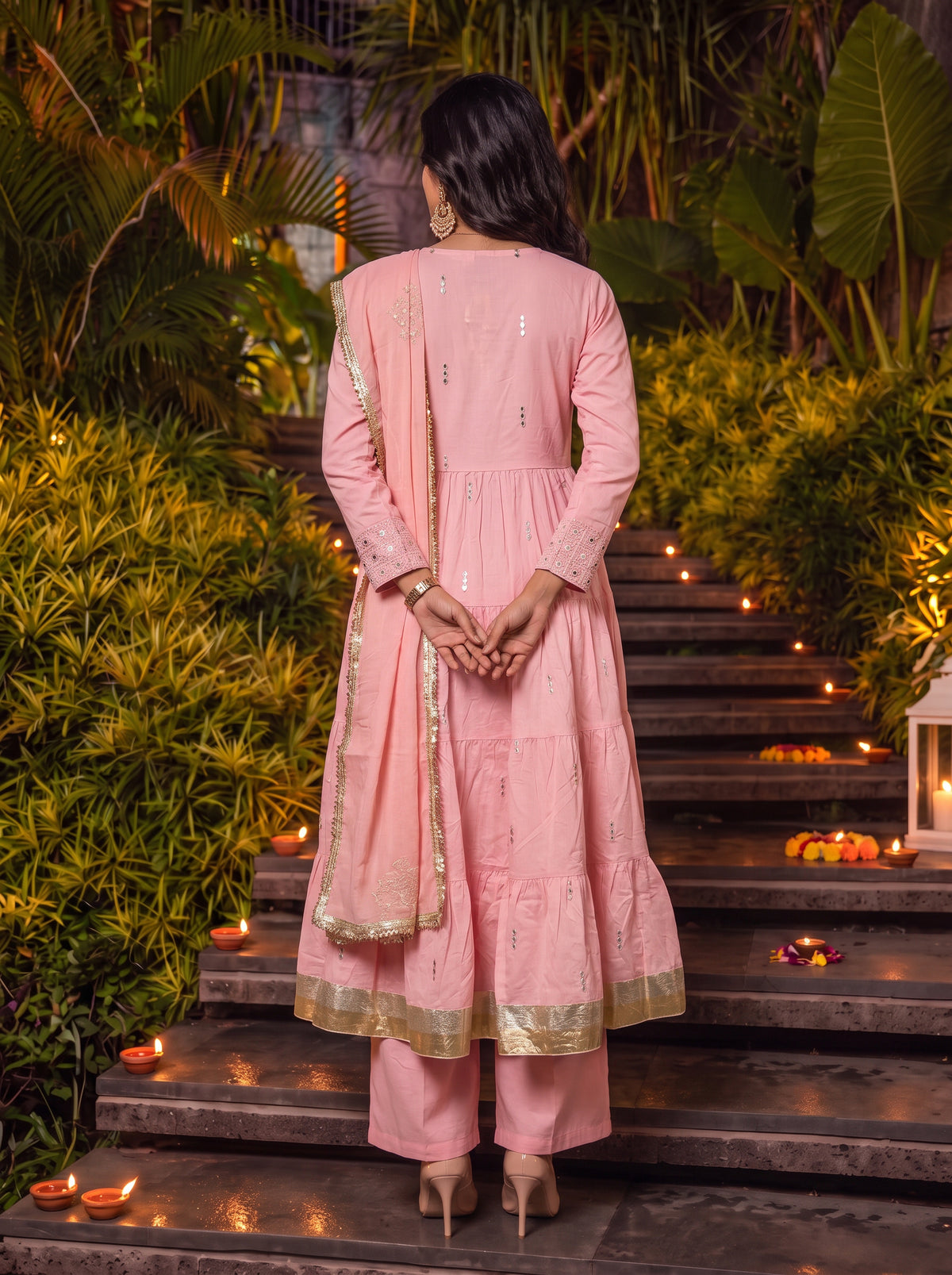 Cotton Embroidered Flared Calf Length Kurta With Pant and Dupatta