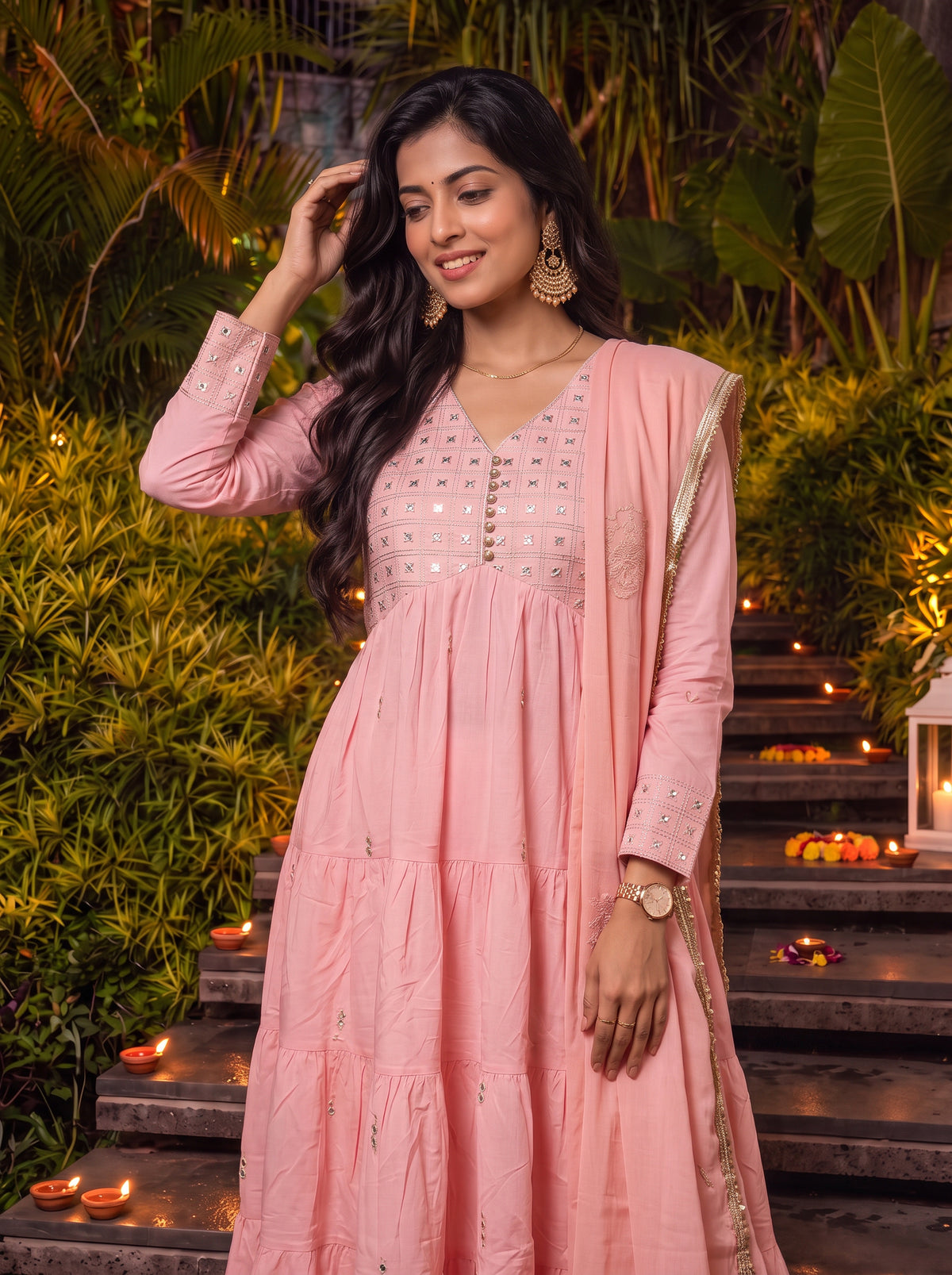 Cotton Embroidered Flared Calf Length Kurta With Pant and Dupatta