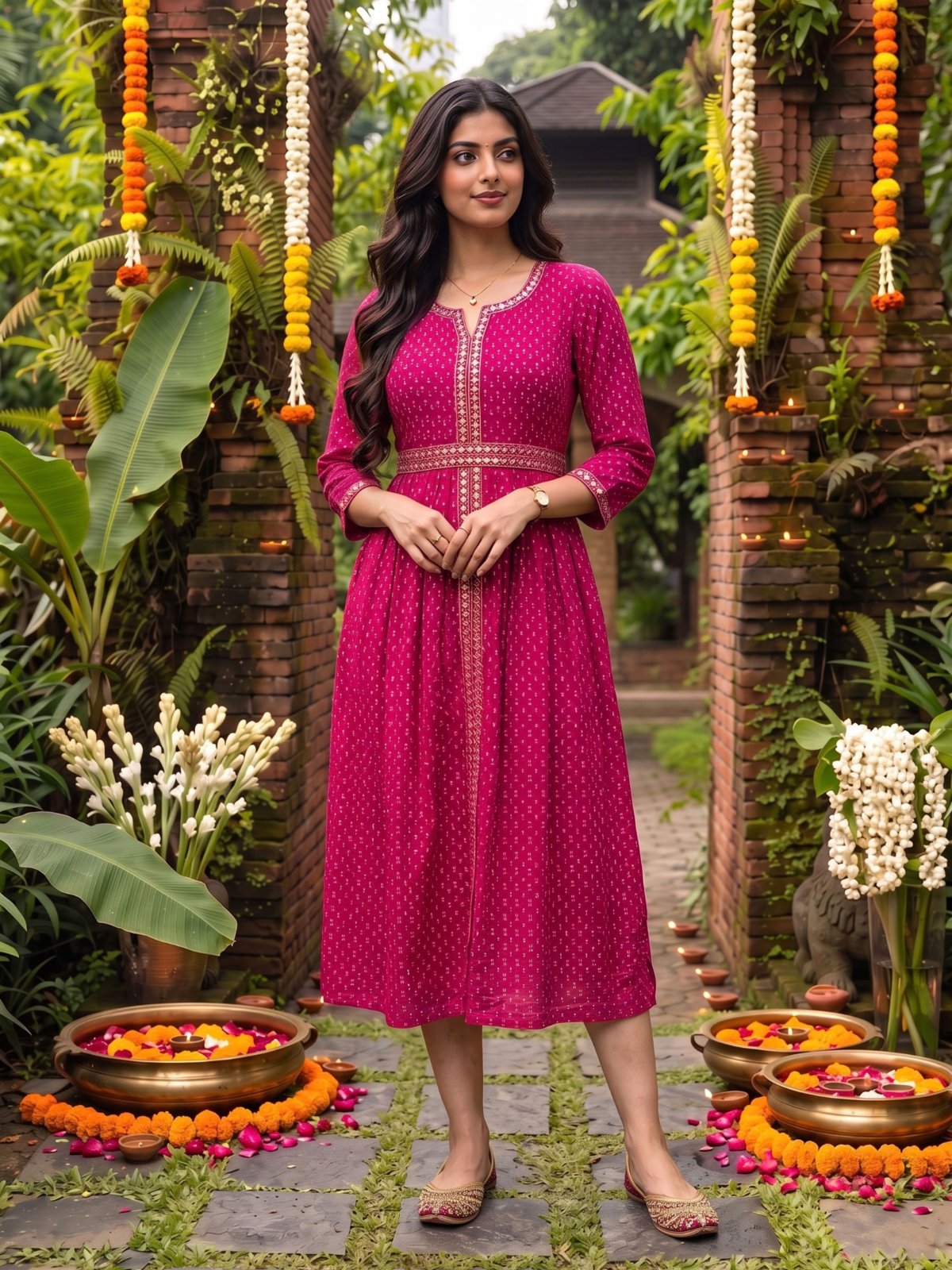 Rayon Embroidered Flared Calf Length Dress