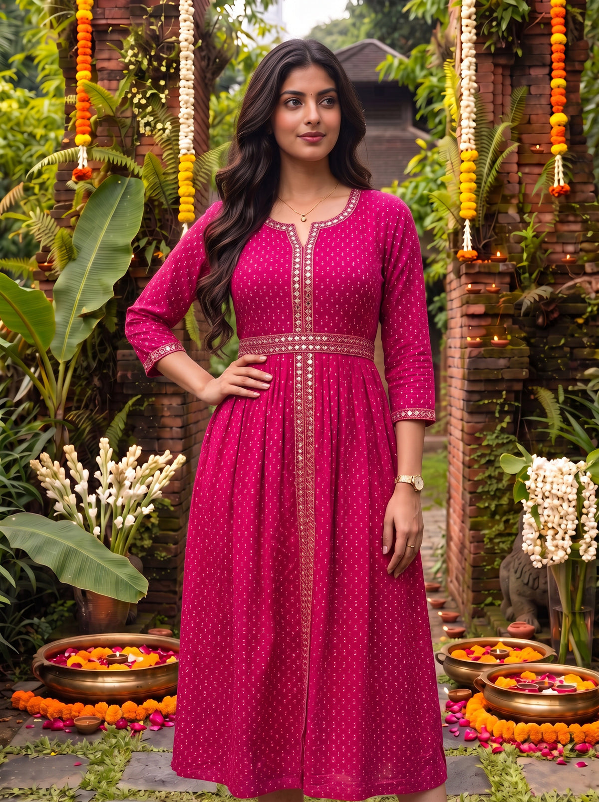 Buy Rayon Embroidered Flared Calf Length Dress-Fuchsia