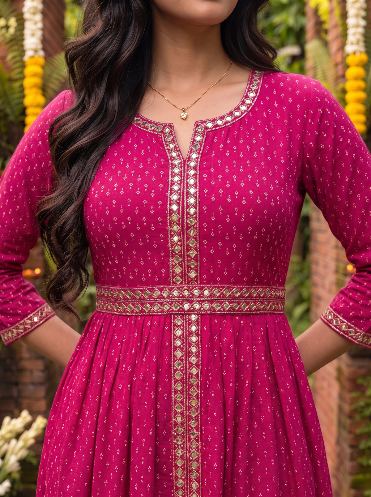 Buy Rayon Embroidered Flared Calf Length Dress-Fuchsia