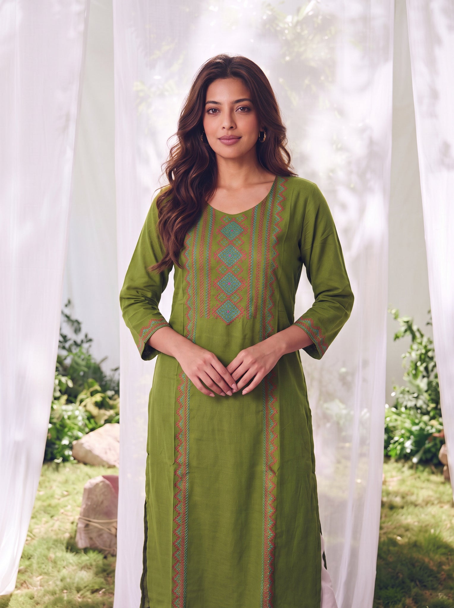 Rayon Embroidered Straight Calf Length Kurta