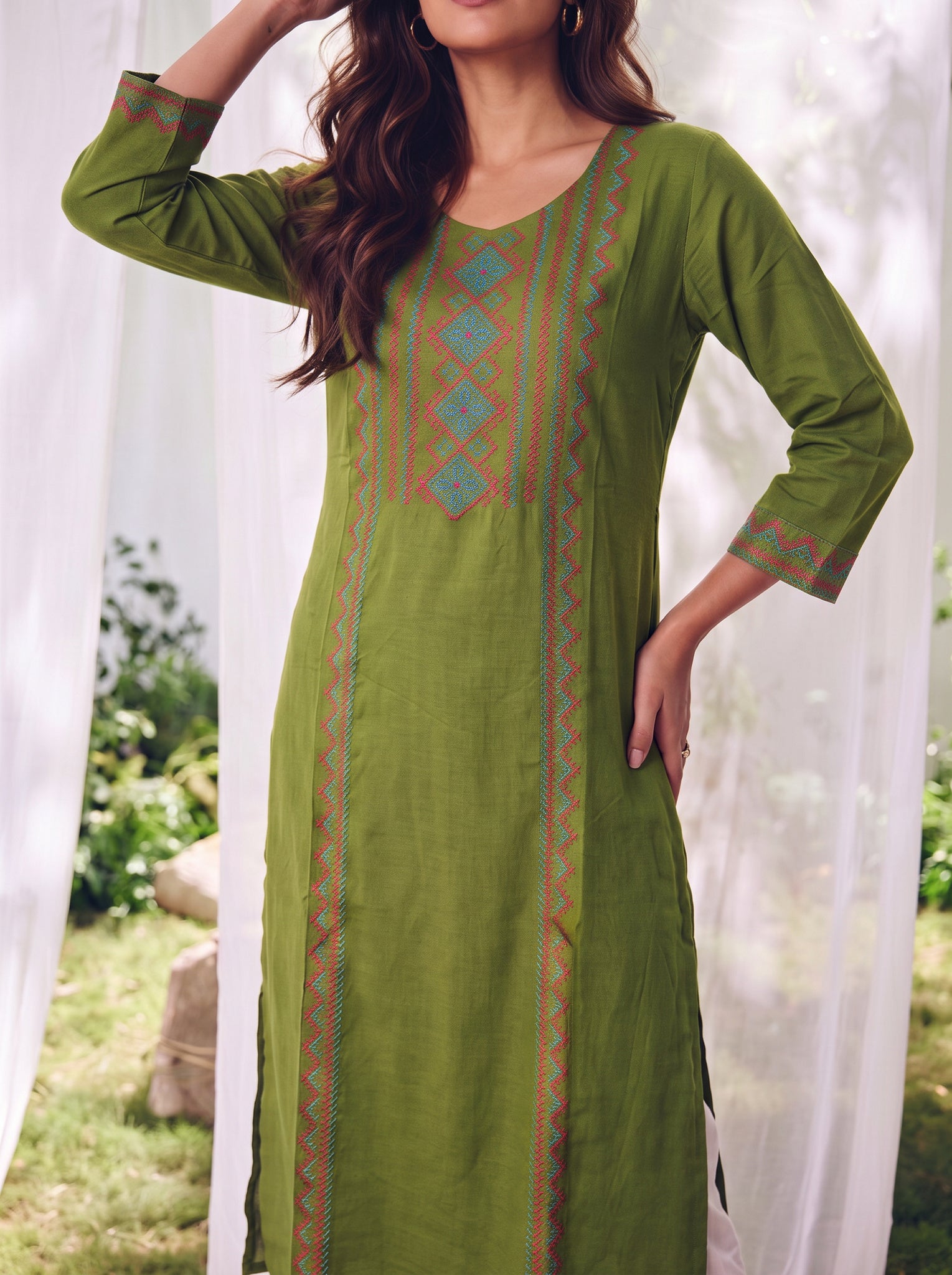 Rayon Embroidered Straight Calf Length Kurta