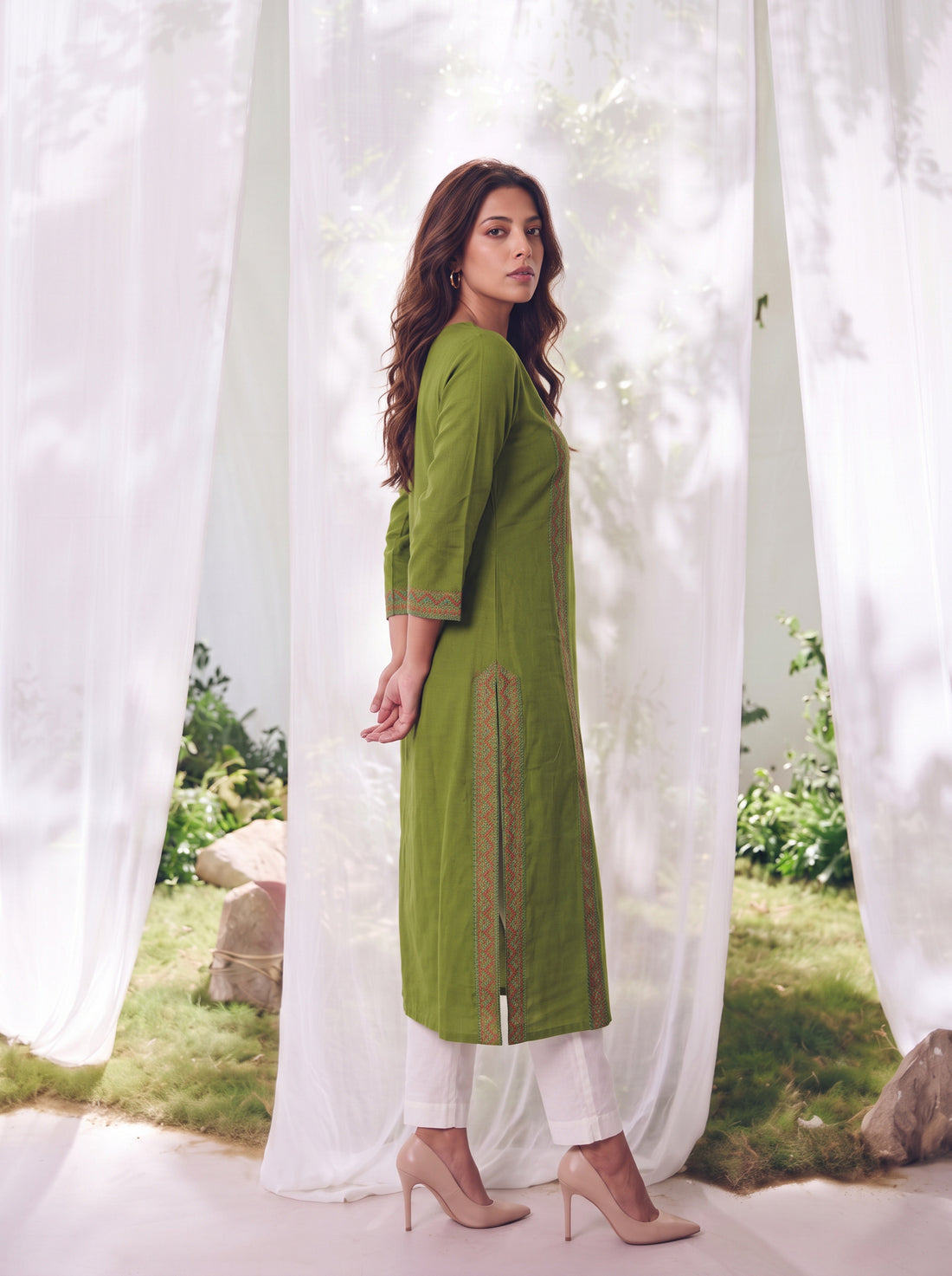 Buy Rayon Embroidered Straight Calf Length Kurta-Green