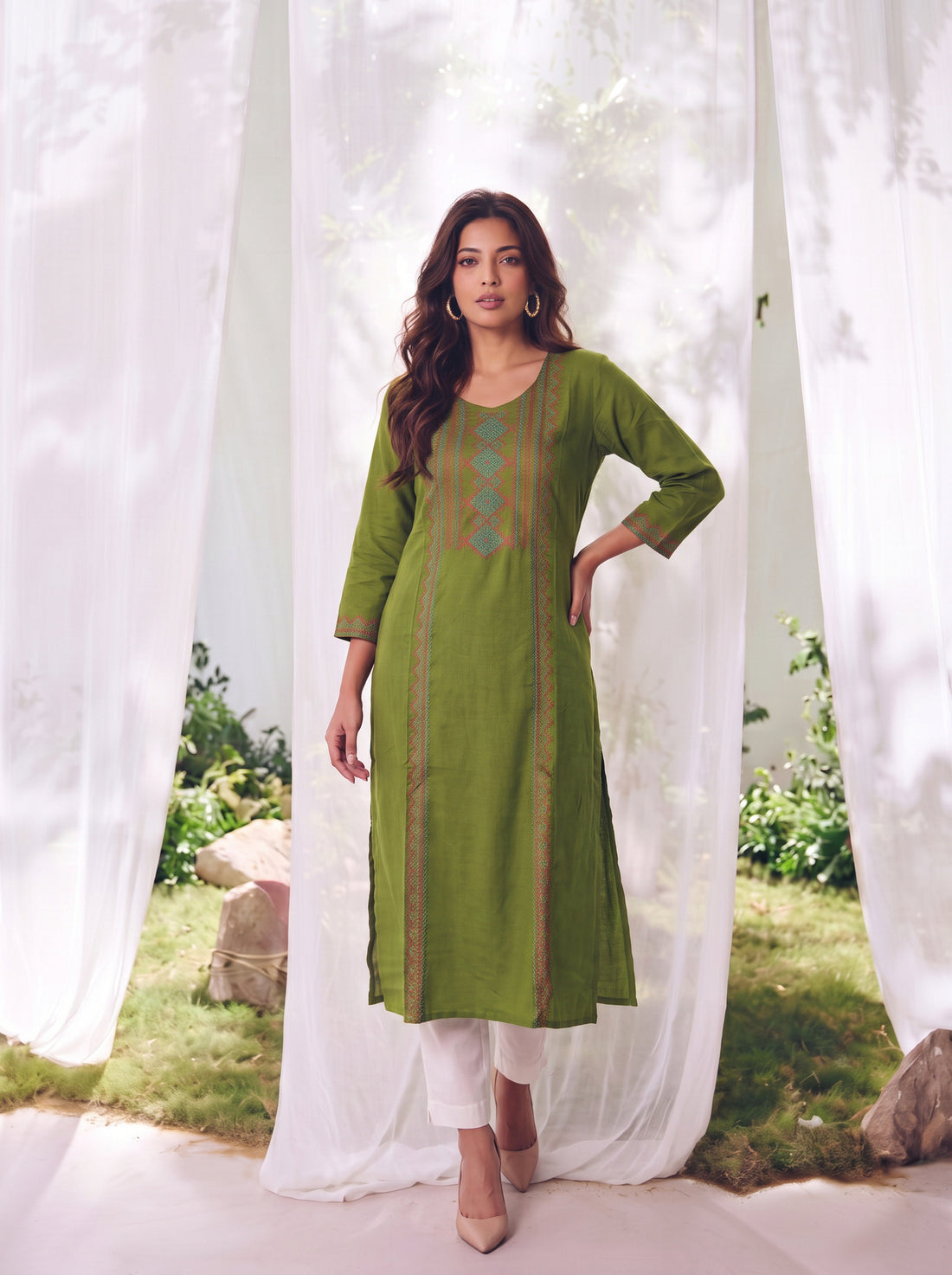 Buy Rayon Embroidered Straight Calf Length Kurta-Green