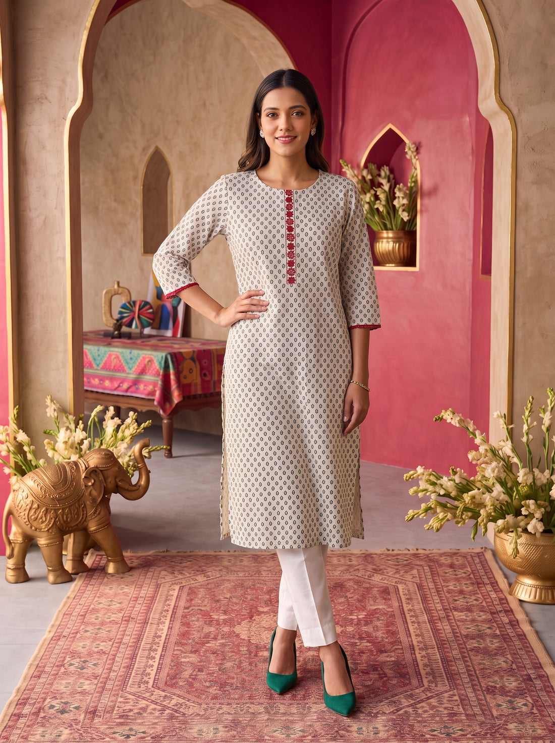 Buy Rayon Embroidered Straight Knee Length Kurta-Off White