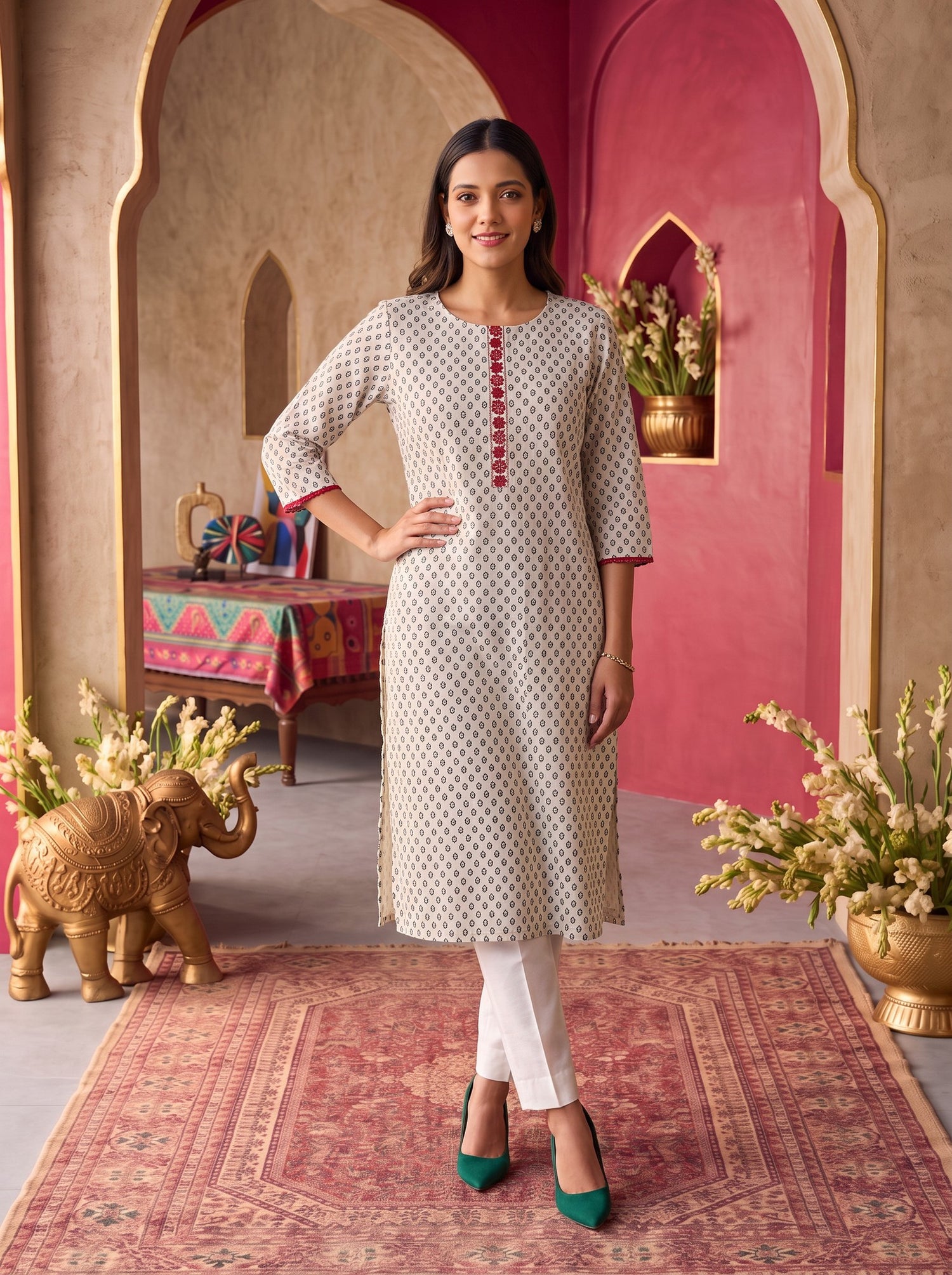Buy Rayon Embroidered Straight Knee Length Kurta-Off White