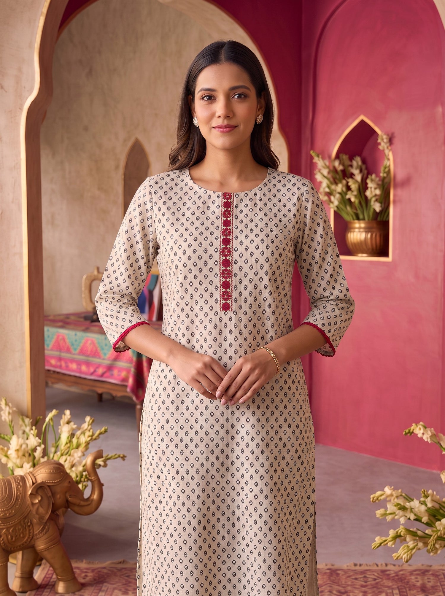 Buy Rayon Embroidered Straight Knee Length Kurta-Off White