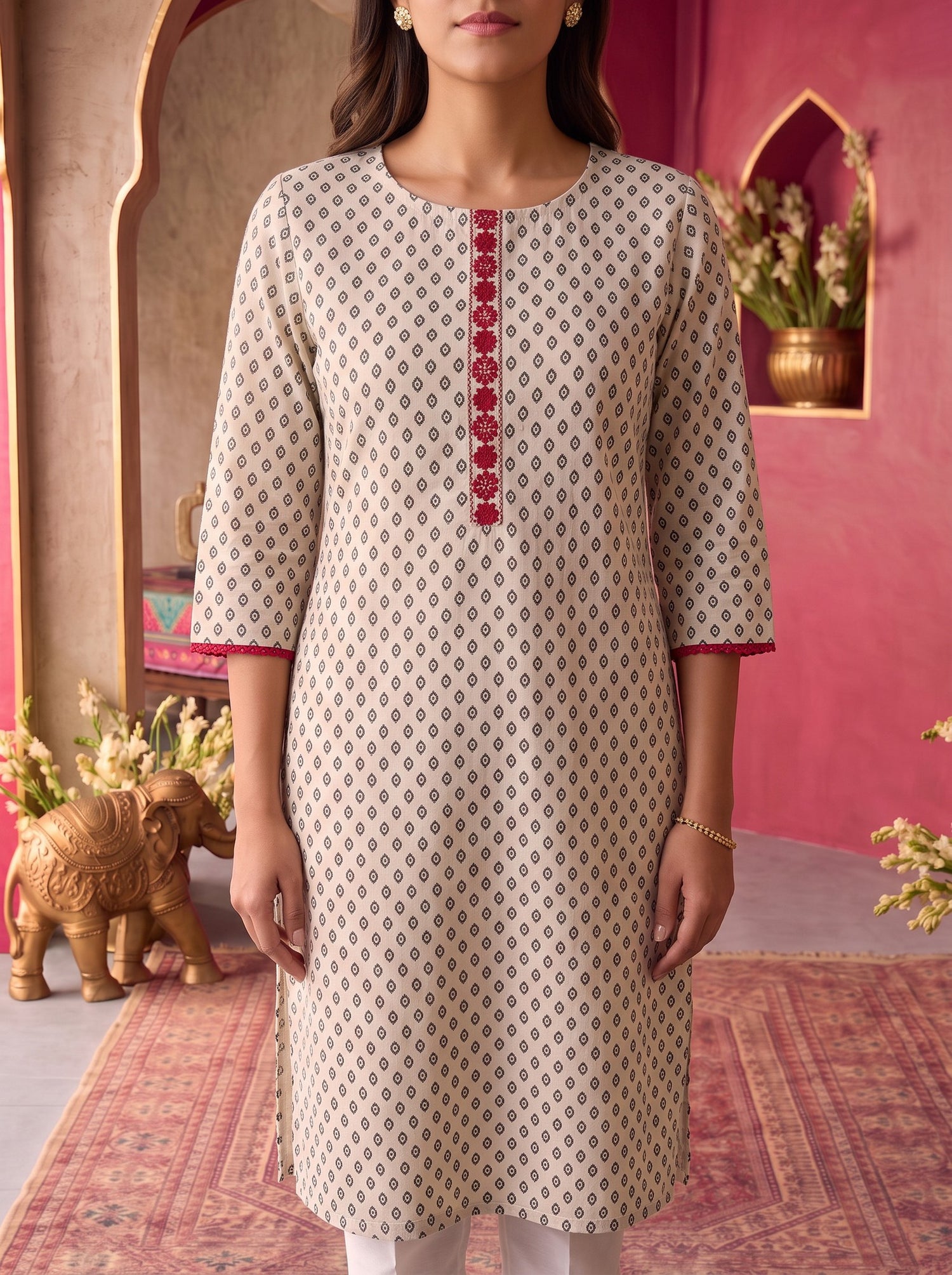 Buy Rayon Embroidered Straight Knee Length Kurta-Off White