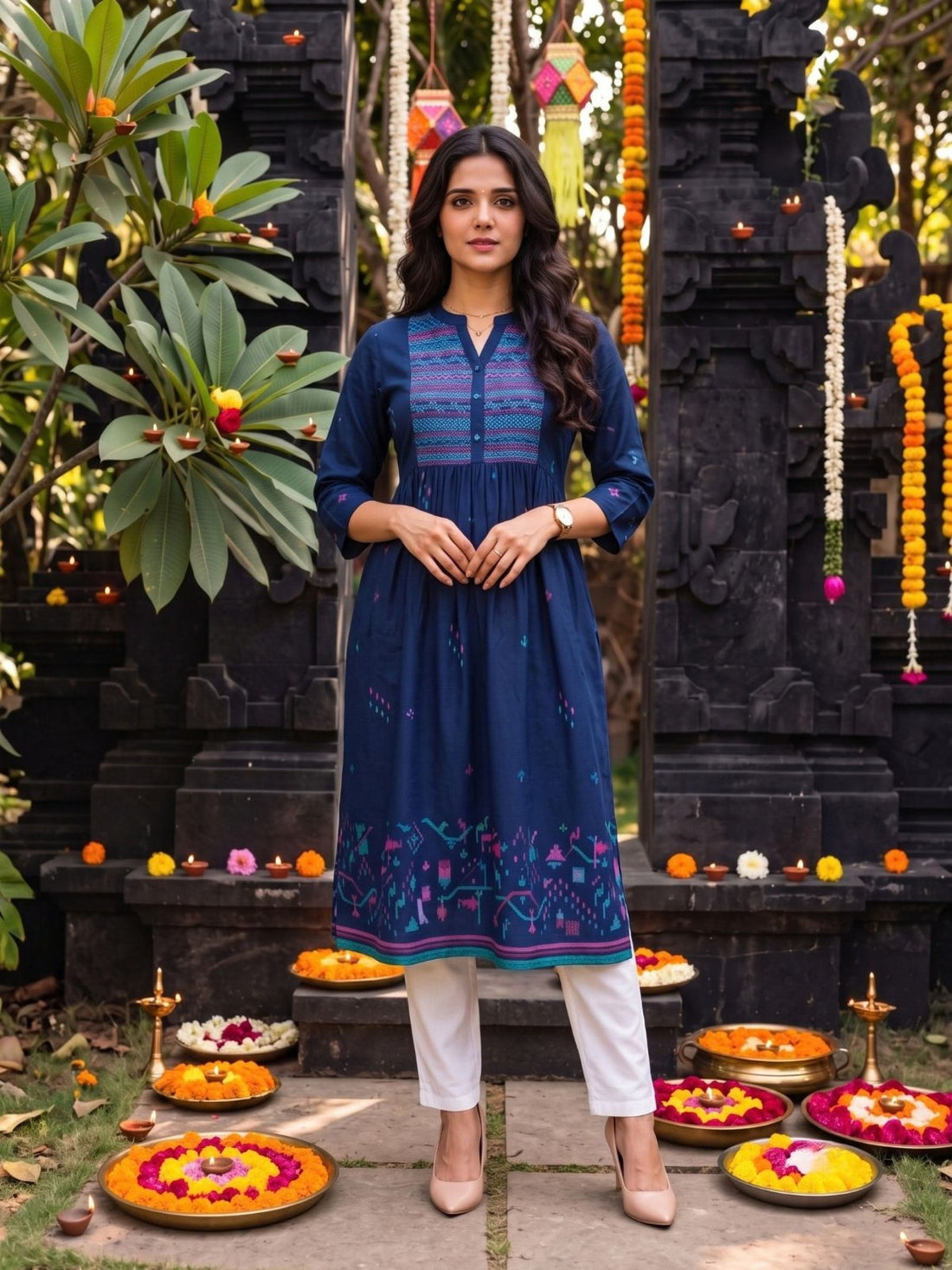 Buy Cotton Embroidered Flared Calf Length Kurta-Blue