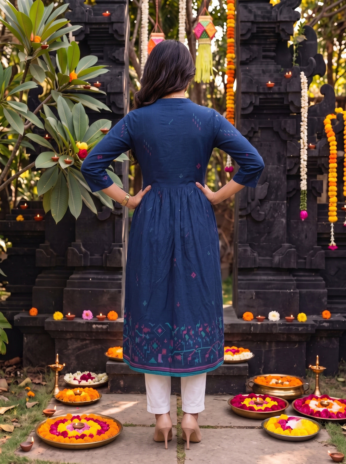 Buy Cotton Embroidered Flared Calf Length Kurta-Blue