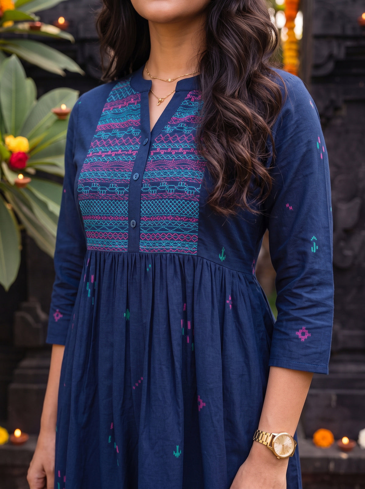 Buy Cotton Embroidered Flared Calf Length Kurta-Blue