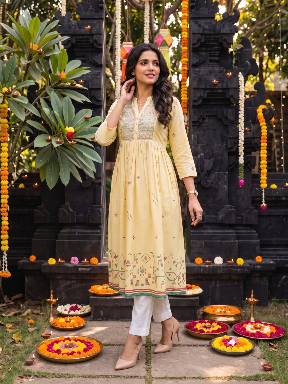 Buy Cotton Embroidered Flared Calf Length Kurta-Cream
