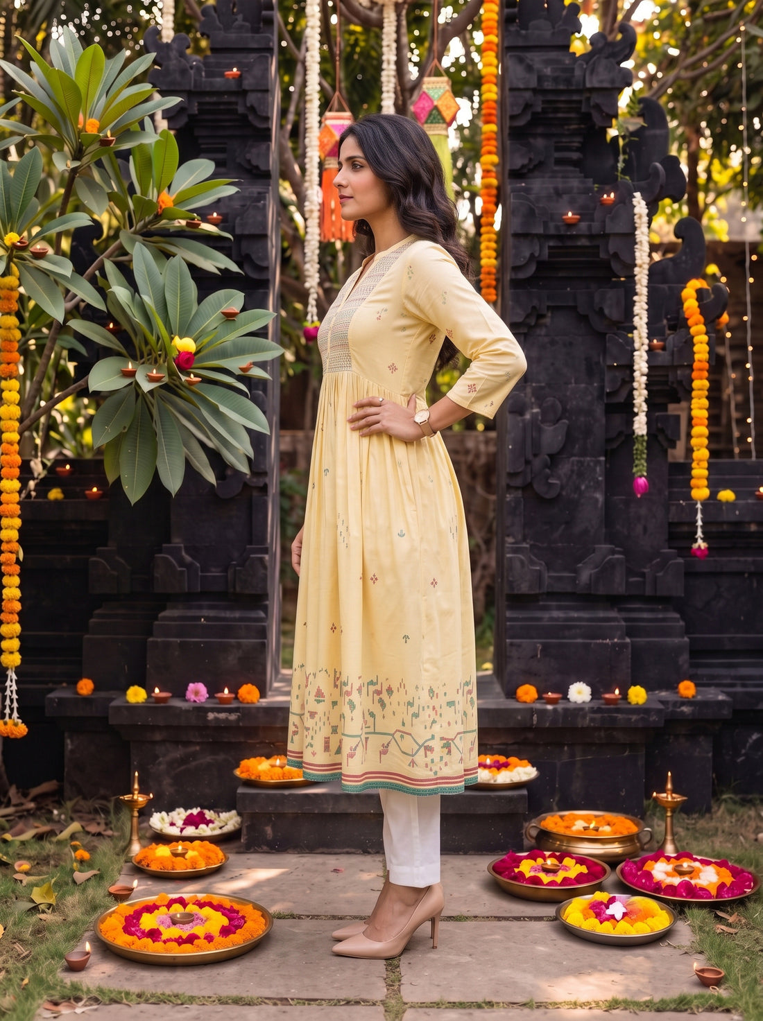 Buy Cotton Embroidered Flared Calf Length Kurta-Cream