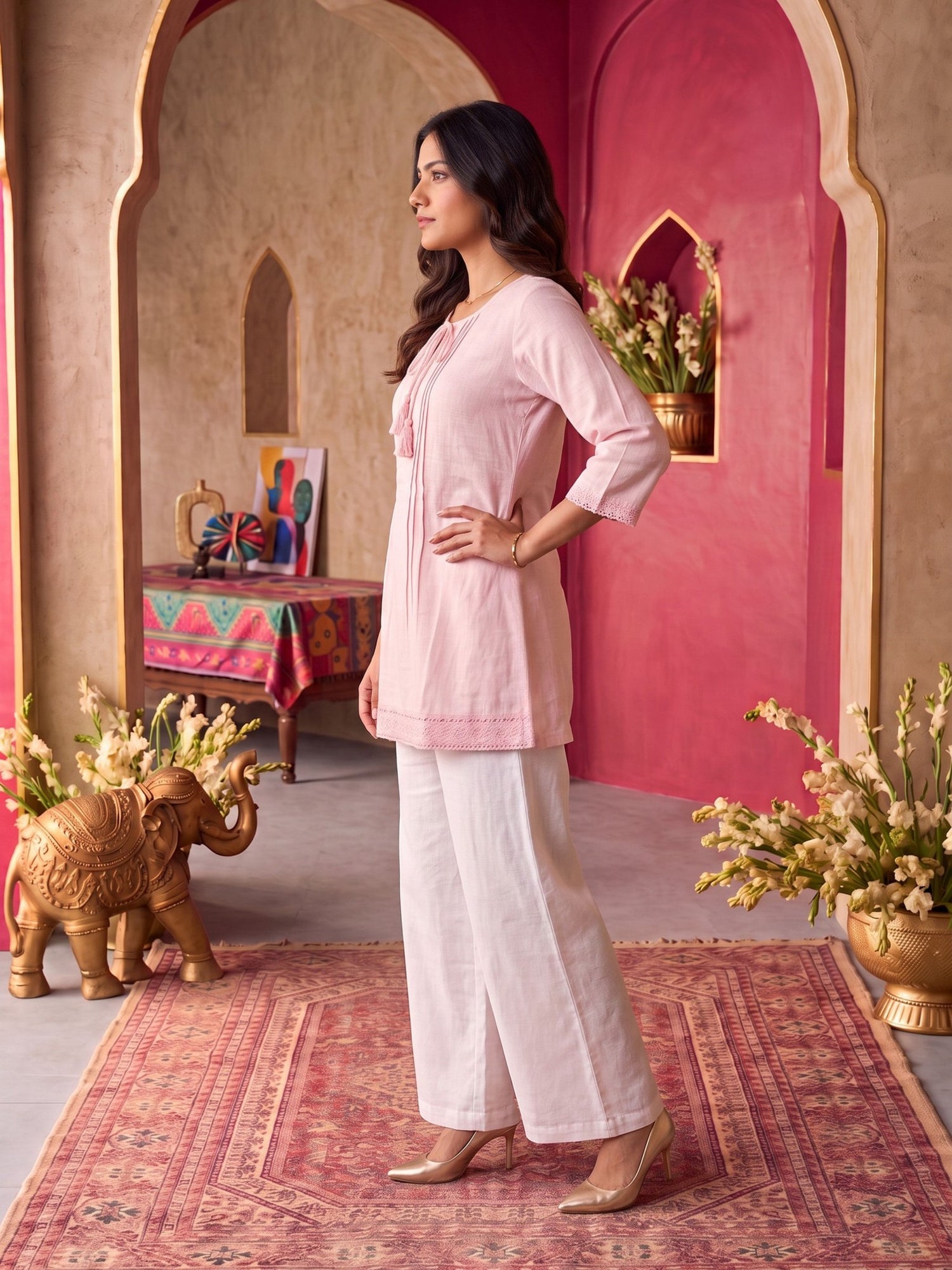 Buy Cotton Embroidered A-Line Short Length Short Kurta-Light Pink