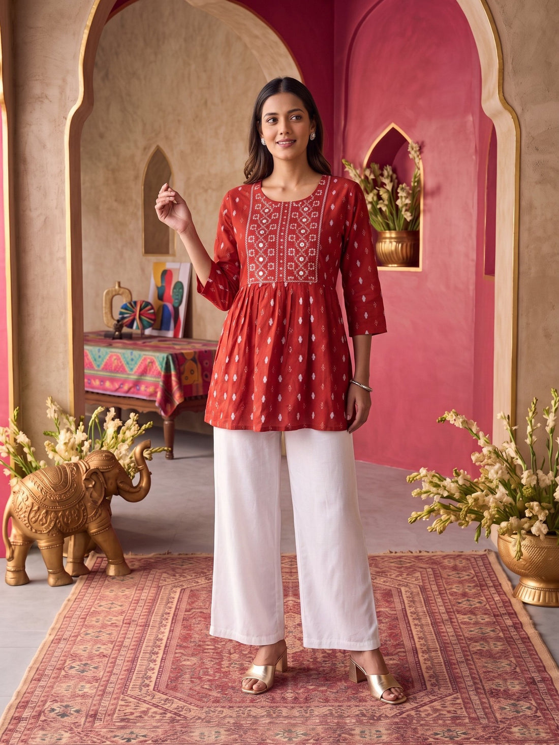Buy Rayon Embroidered A-Line Short Length Short Kurta-Rust