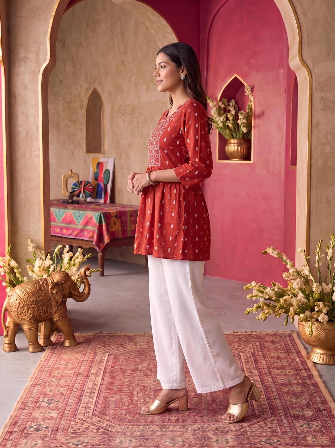 Buy Rayon Embroidered A-Line Short Length Short Kurta-Rust