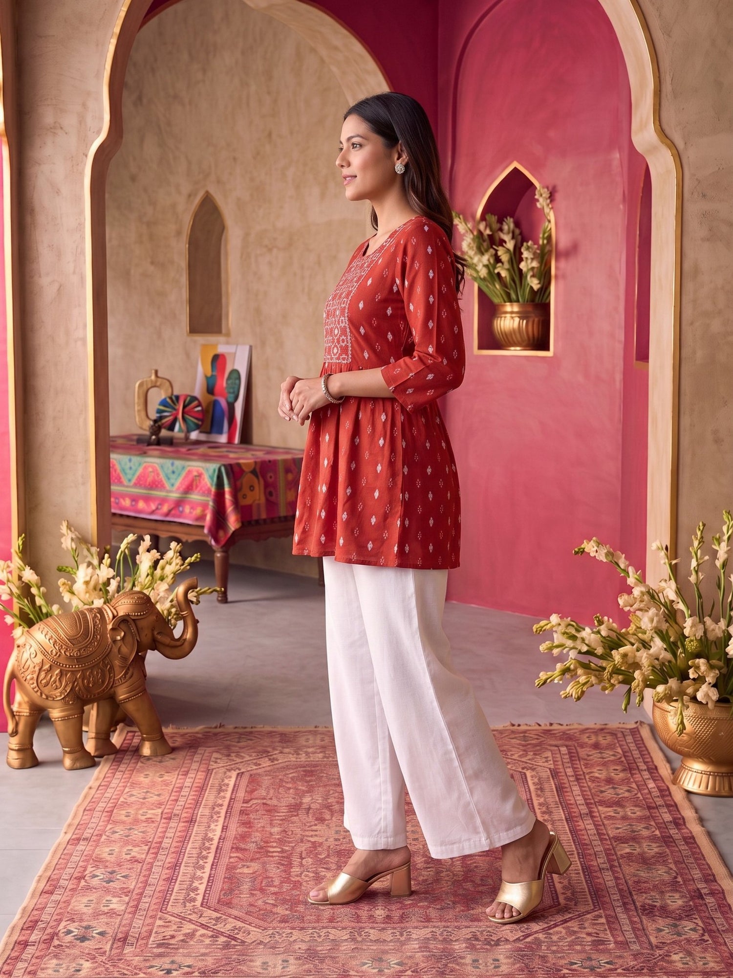 Buy Rayon Embroidered A-Line Short Length Short Kurta-Rust
